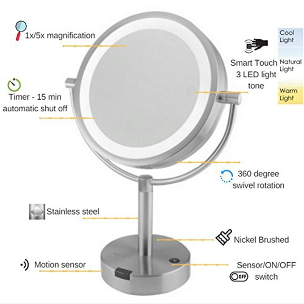 Ovente 8.5” Double Sided Tabletop Vanity Mirror with 3-Tone LED Light and Motion Sensor MPTS8385BR