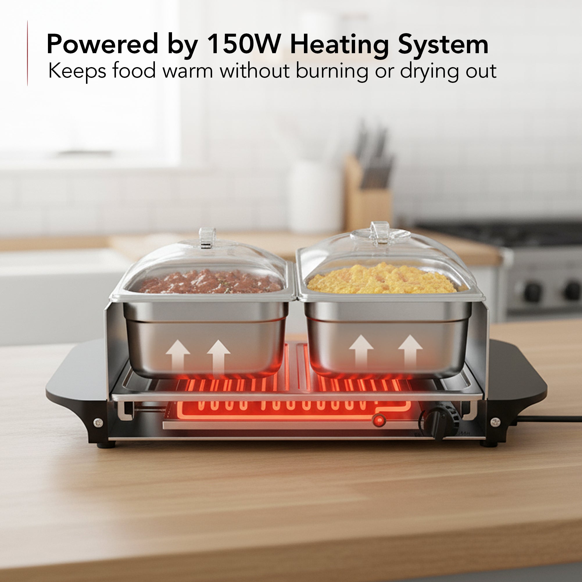 Ovente Electric Buffet Server Tray with Dual Stainless Steel Pans FW152S