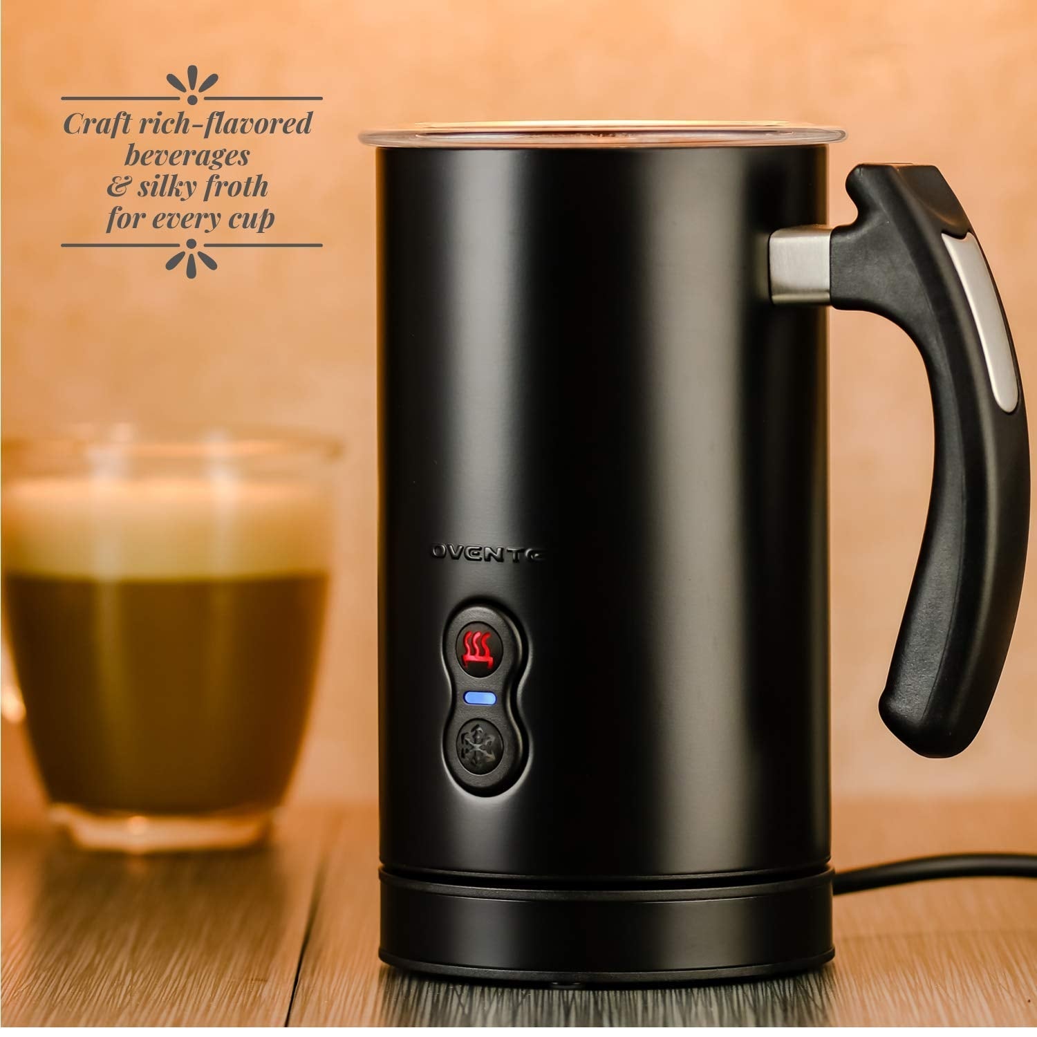 Ovente Electric Milk Frother, 4 oz for Frothing, 8 oz for Heating, Double-Wall Insulated, Frothing & Heating Whisks, Auto Shut-Off, Black (FR3608B)