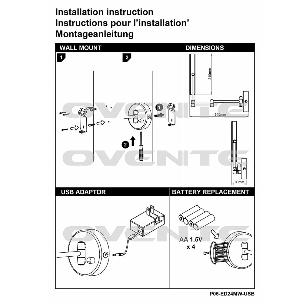 Ovente 9.5” Double Sided Wall-Mounted Vanity Mirror with LED Light MLW45 Series