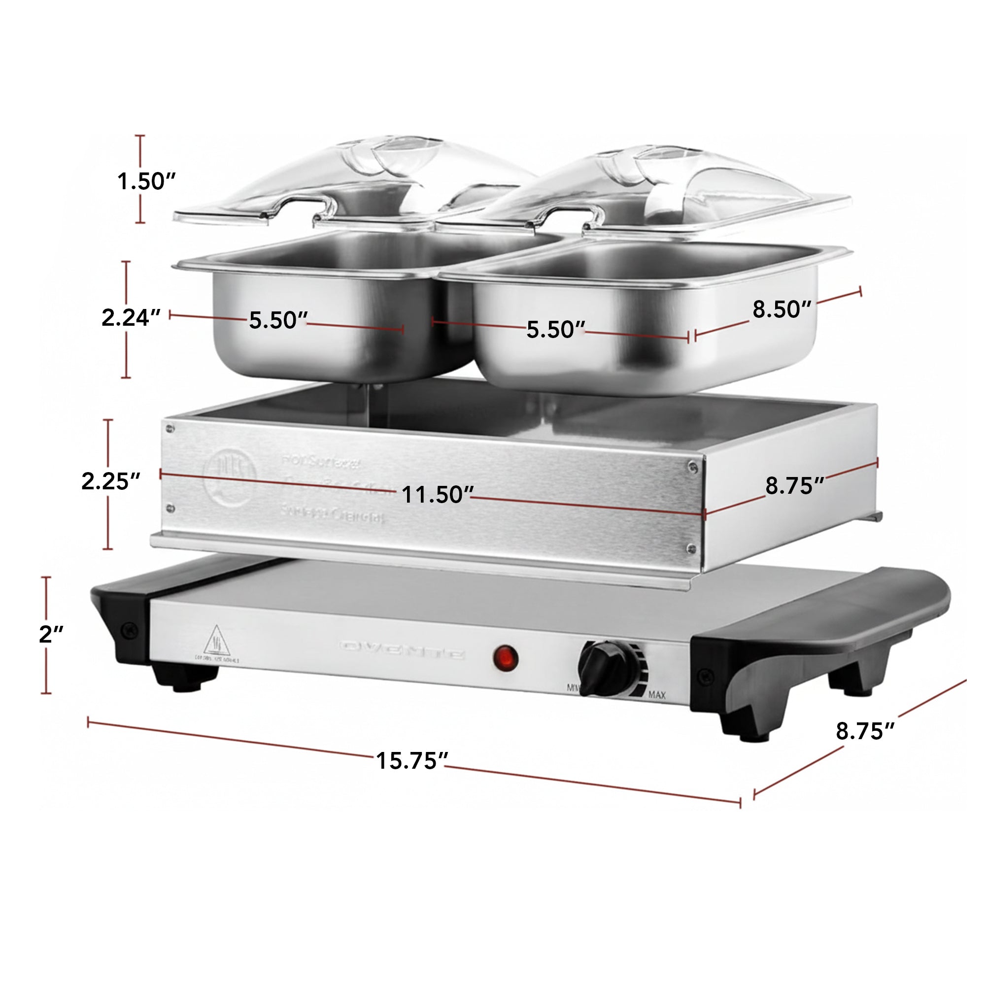 Ovente Electric Buffet Server Tray with Dual Stainless Steel Pans FW152S