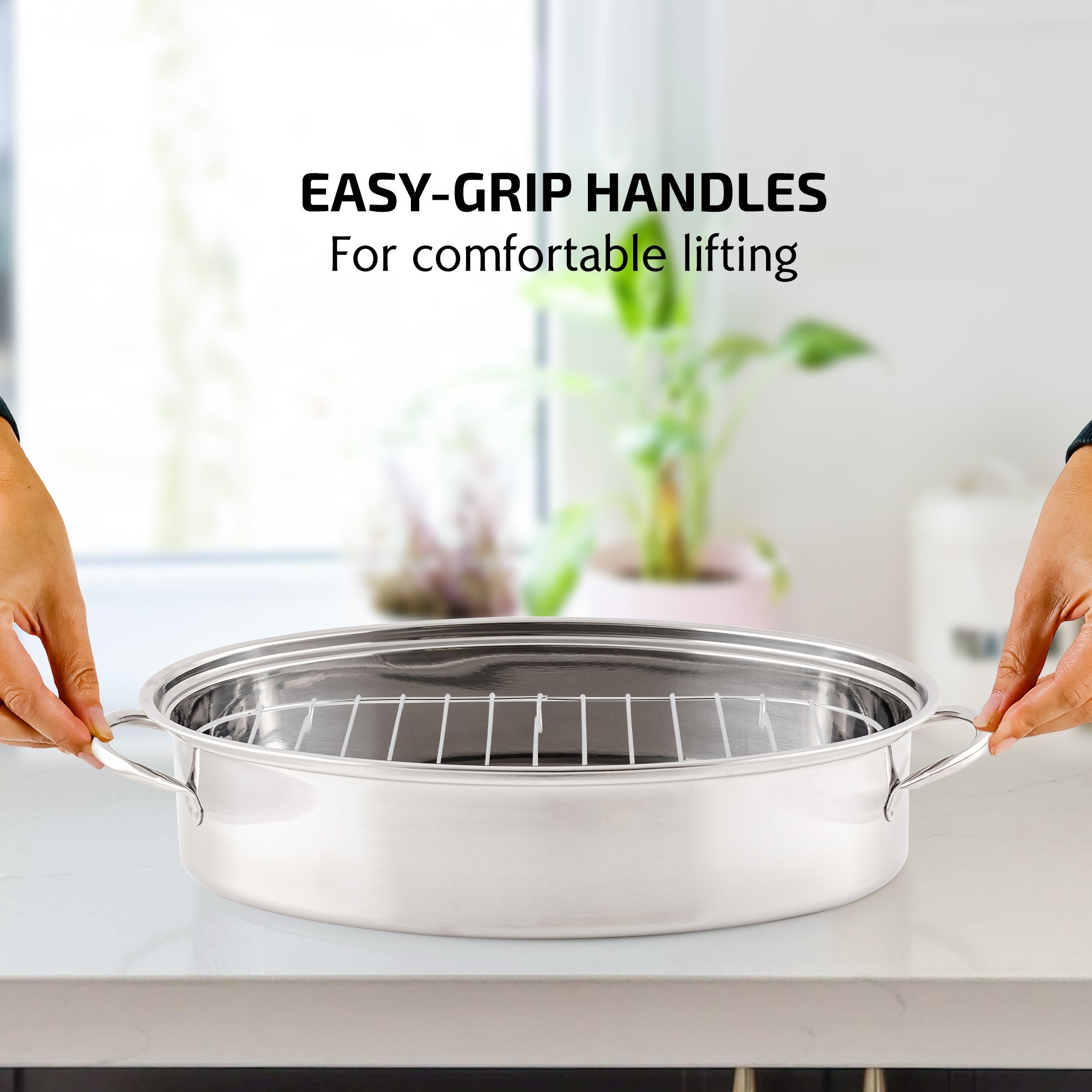 Ovente 16” Oval Stainless Steel Roasting Pan with Lid and Rack CWR32161S