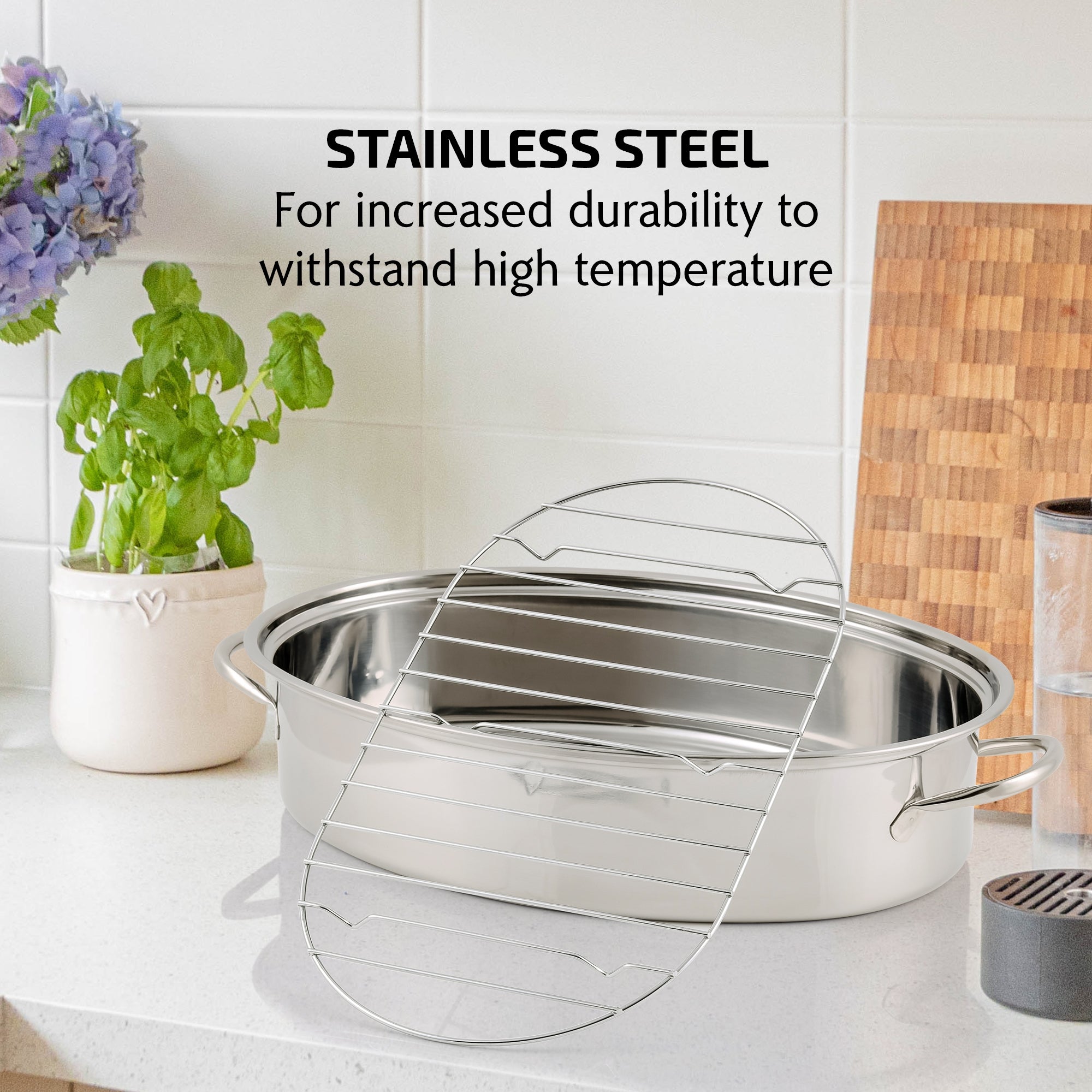 Ovente 16” Oval Stainless Steel Roasting Pan with Lid and Rack CWR32161S