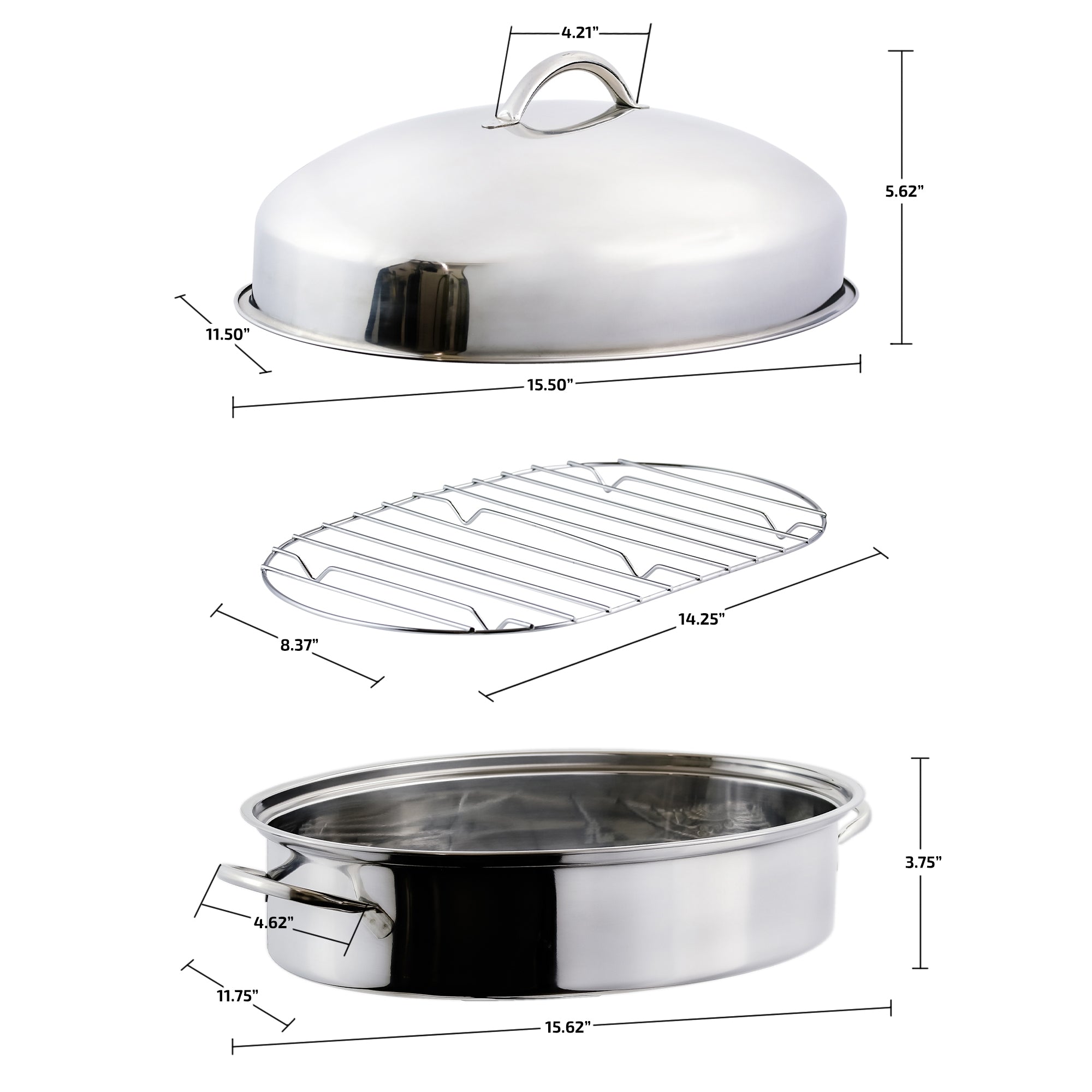 Ovente 16” Oval Stainless Steel Roasting Pan with Lid and Rack CWR32161S