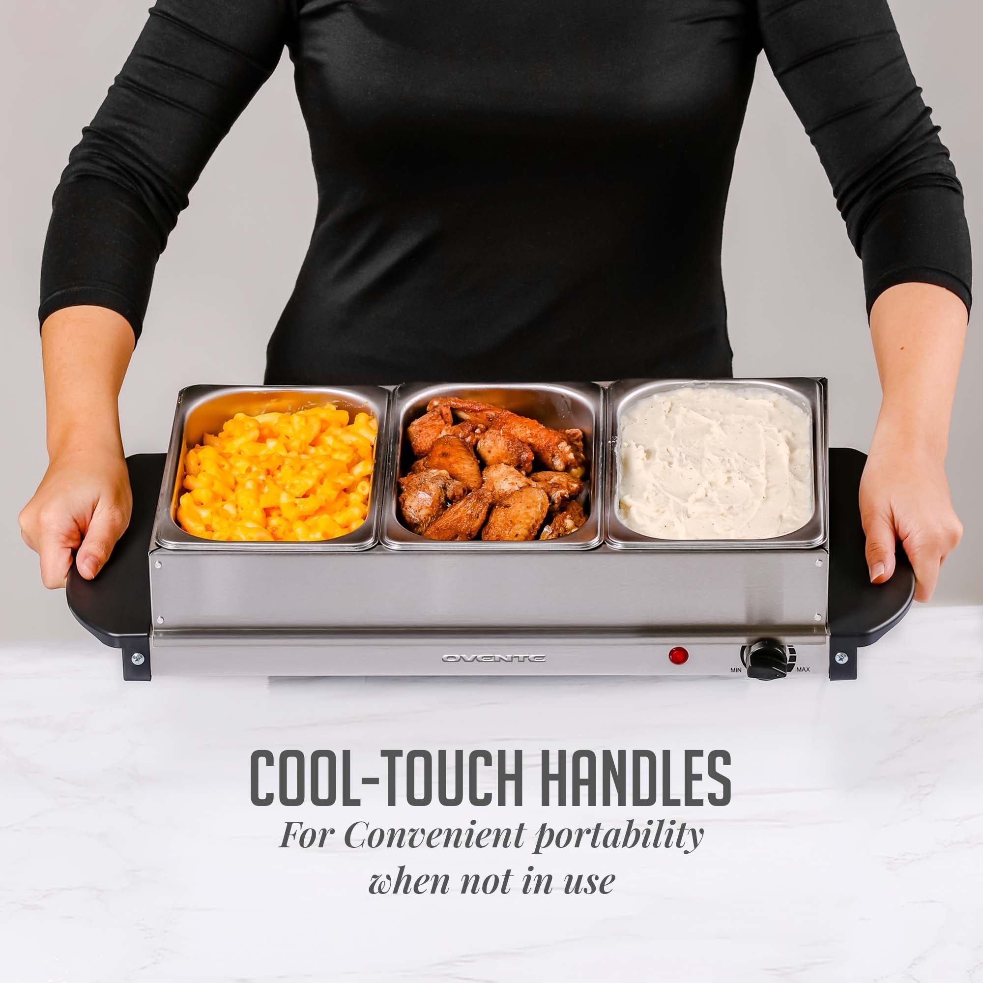 Ovente Electric Buffet Server Tray with Three 1.5QT Stainless Steel Pans FW173S