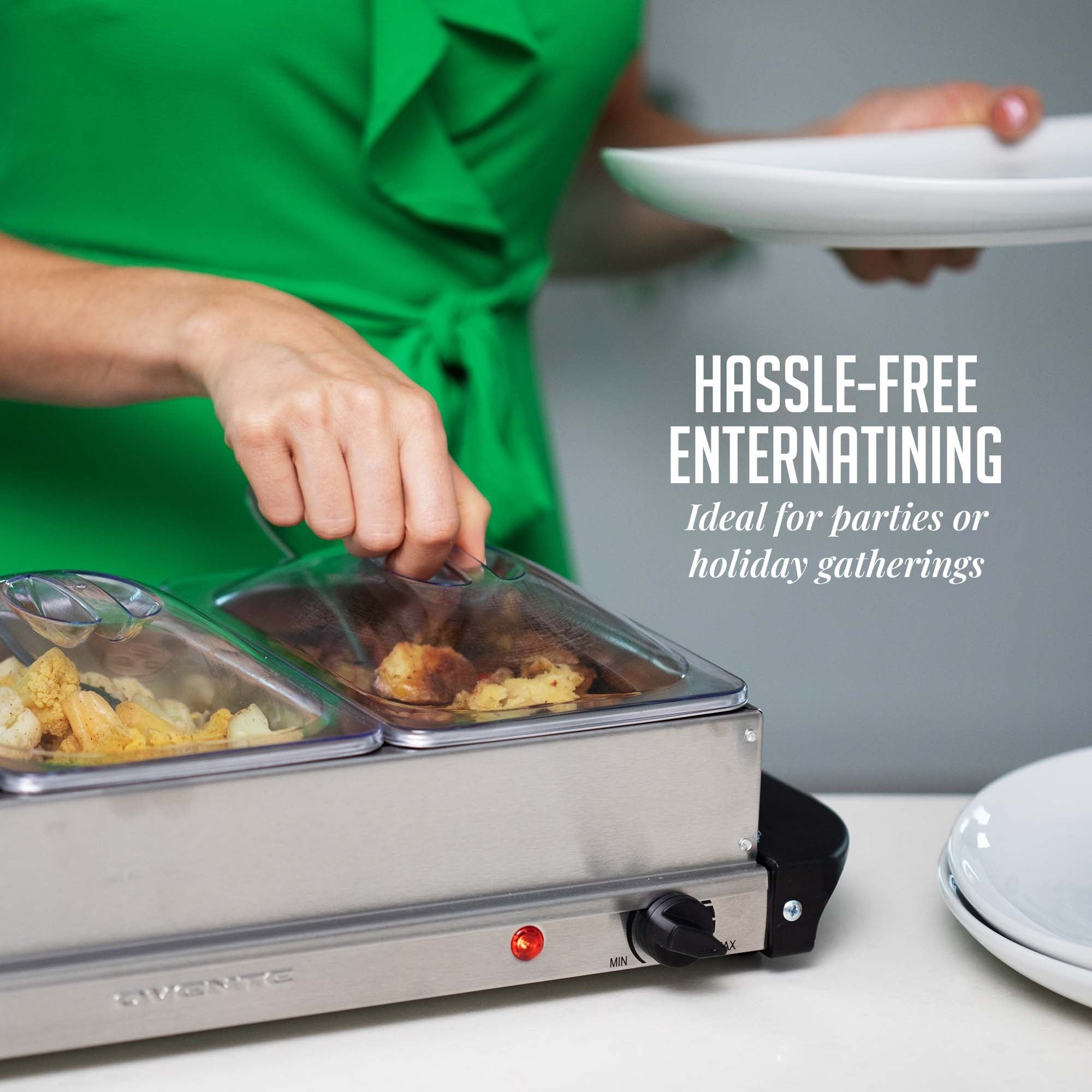 Ovente Electric Buffet Server Tray with Three 1.5QT Stainless Steel Pans FW173S