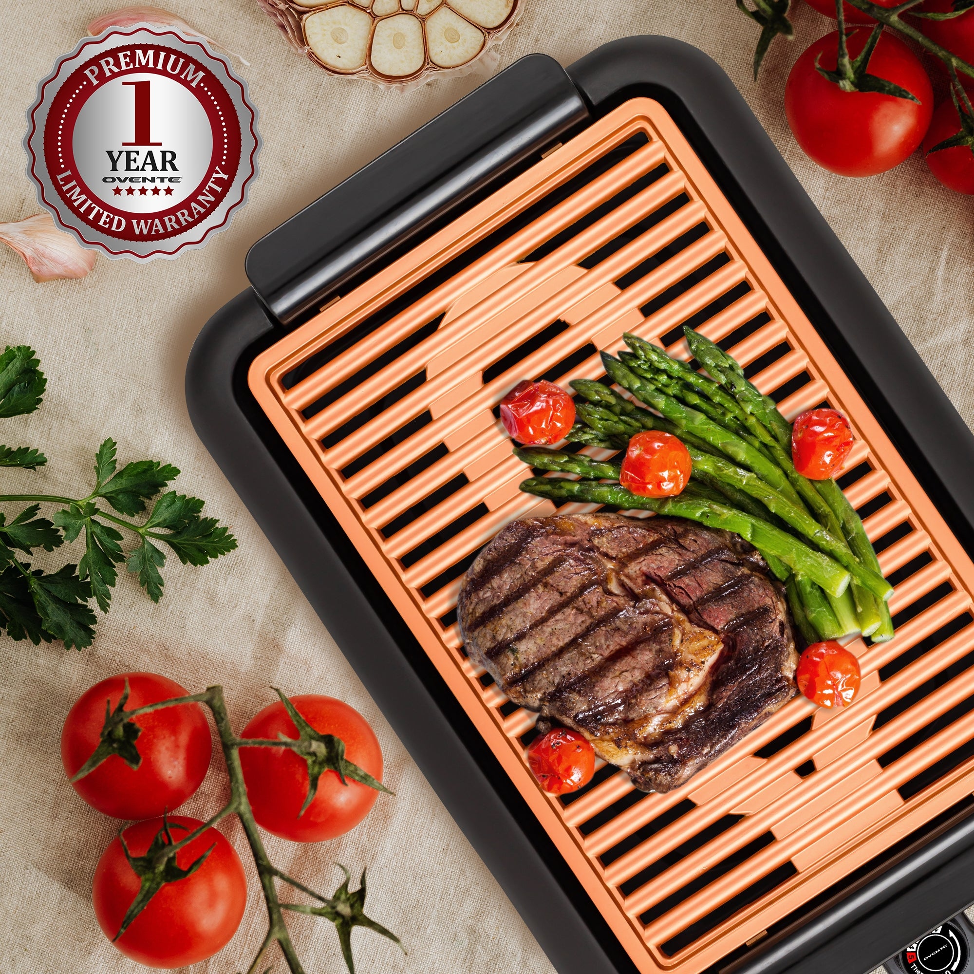 Ovente Electric Indoor Grill with Non-Stick Copper Plate GD1510NLCO