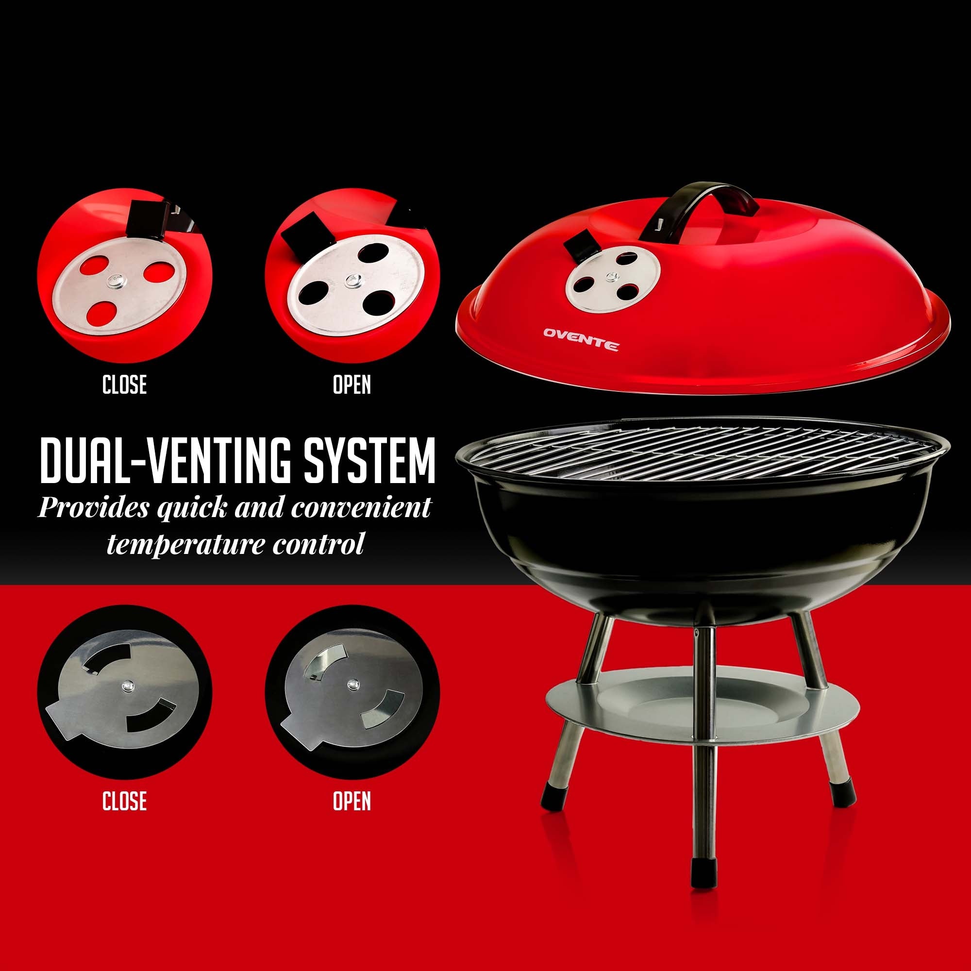 Ovente Portable Charcoal Grill with Dual-Venting System GQR0400BR