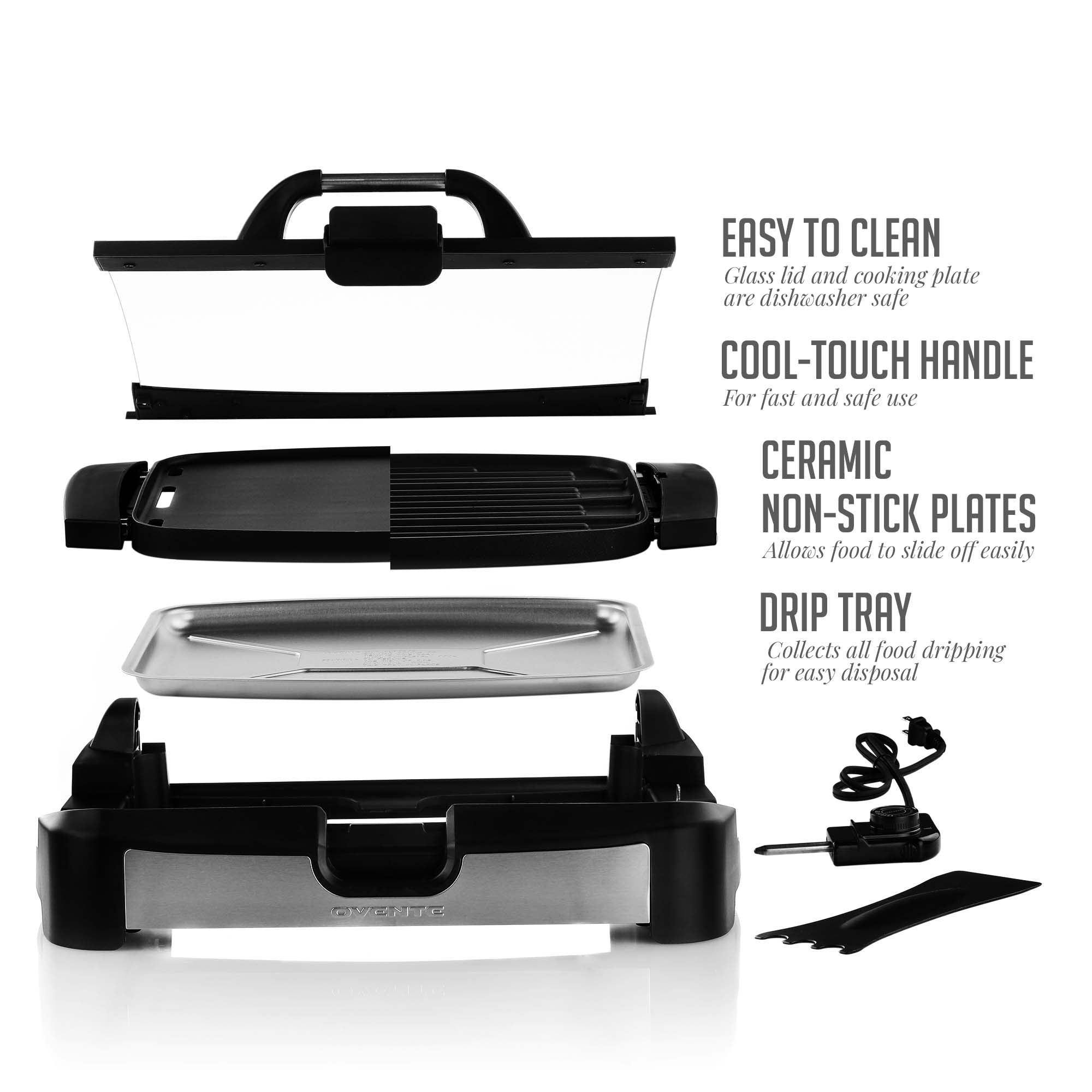 Ovente Reversible Electric Grill and Griddle with Heat-Tempered Glass Lid GR2001B