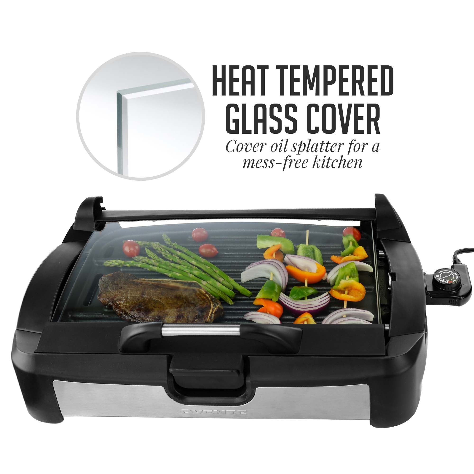 Ovente Reversible Electric Grill and Griddle with Heat-Tempered Glass Lid GR2001B