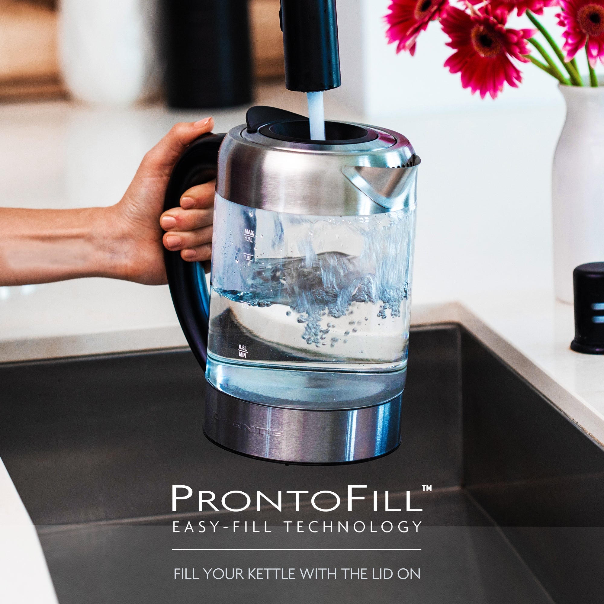 Ovente 1.7 Liter Glass Electric Hot Water Kettle With ProntoFill Technology KG612S