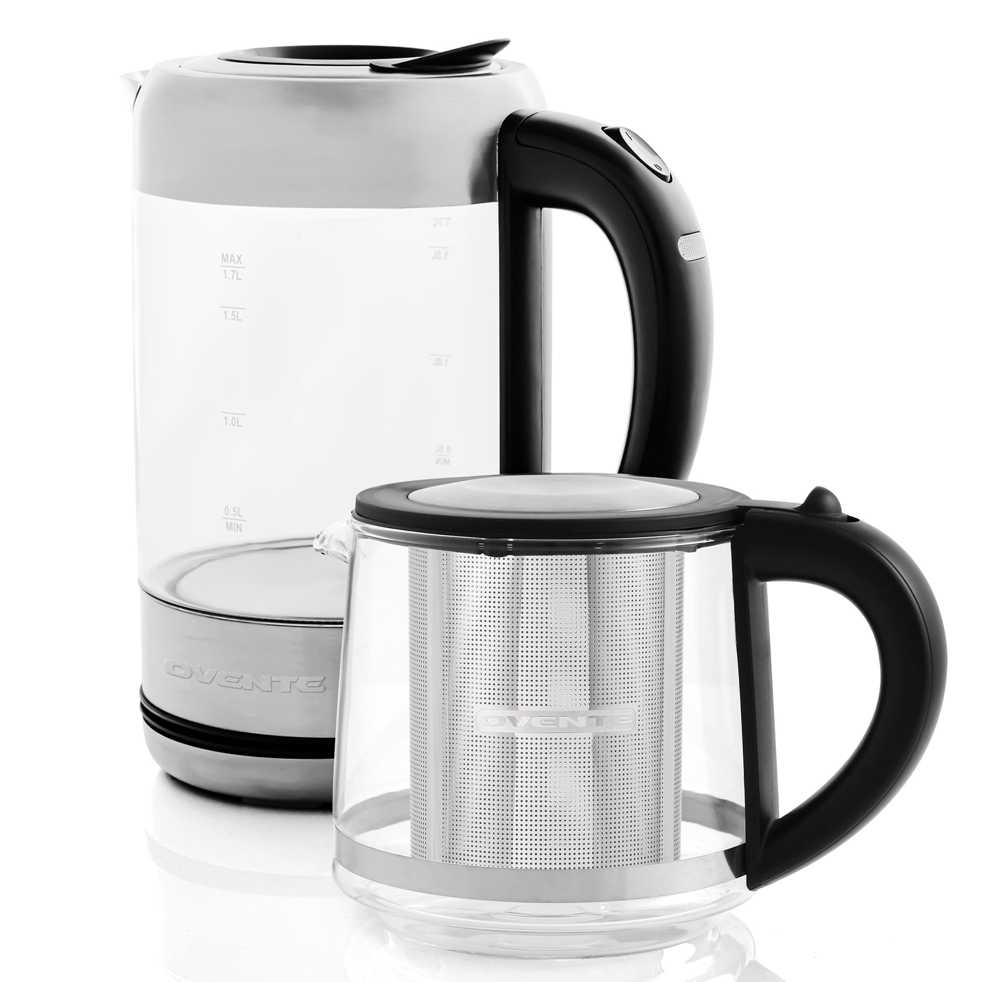 Ovente 1.7 Liter Electric Glass Hot Water Kettle with ProntoFill Tech and Teapot Infuser KG612S & FGK27B