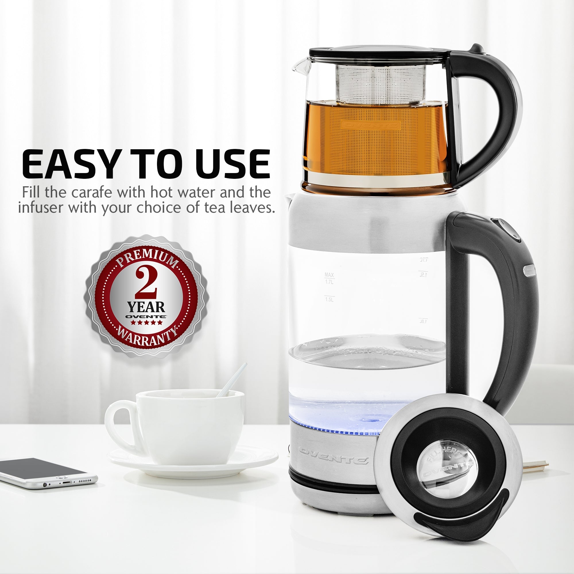 Ovente 1.7 Liter Electric Glass Hot Water Kettle with ProntoFill Tech and Teapot Infuser KG612S & FGK27B