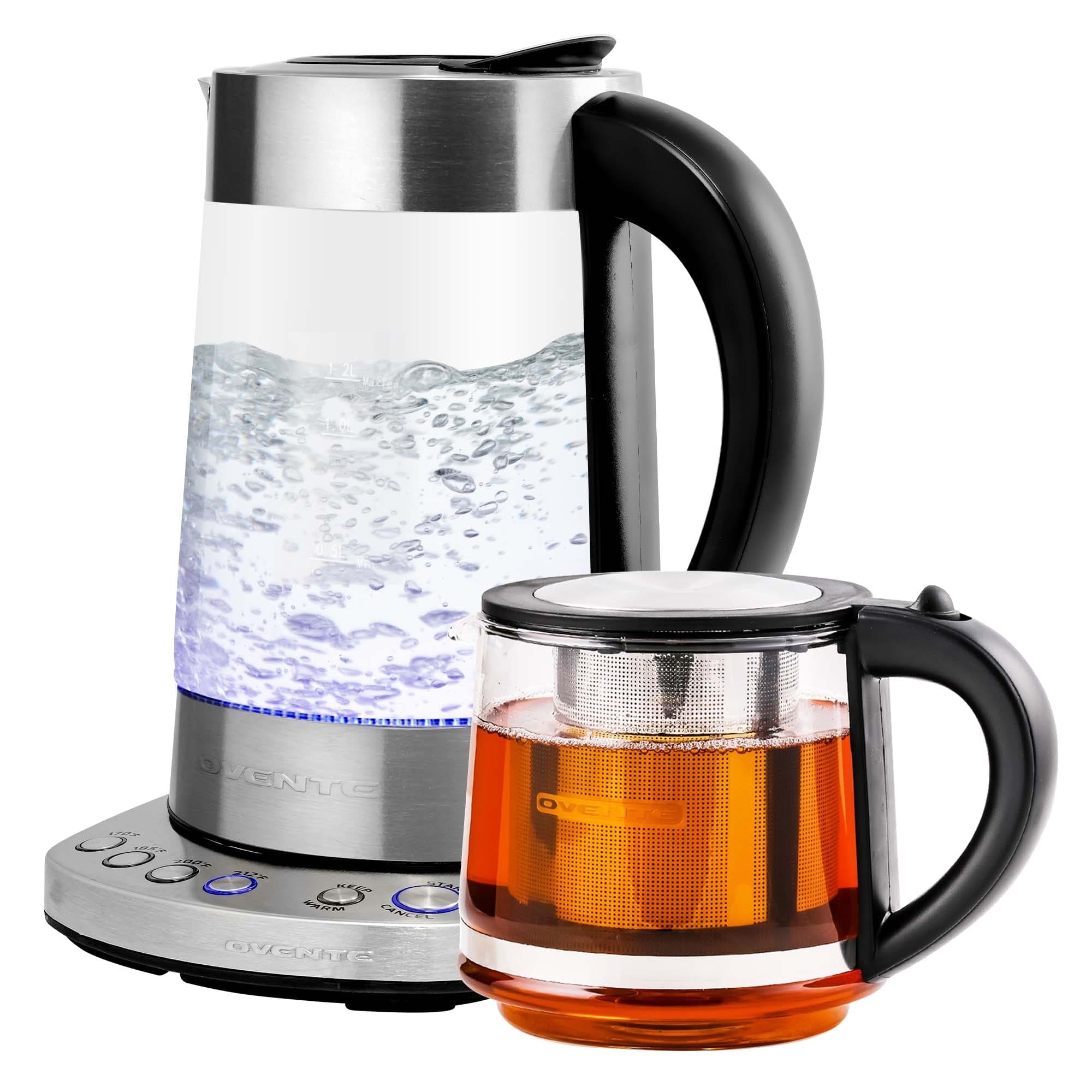 Ovente 1.7 Liter Electric Glass Hot Water Kettle with ProntoFill Tech and Stainless Steel Teapot Infuser KG733S & FGK27B