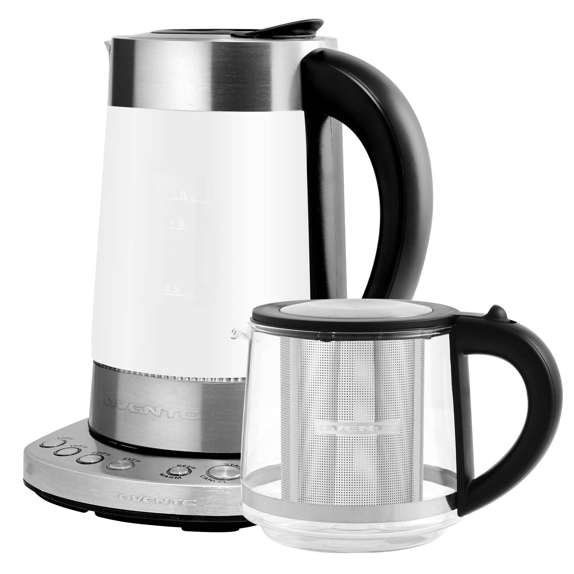 Ovente 1.7 Liter Electric Glass Hot Water Kettle with ProntoFill Tech and Stainless Steel Teapot Infuser KG733S & FGK27B
