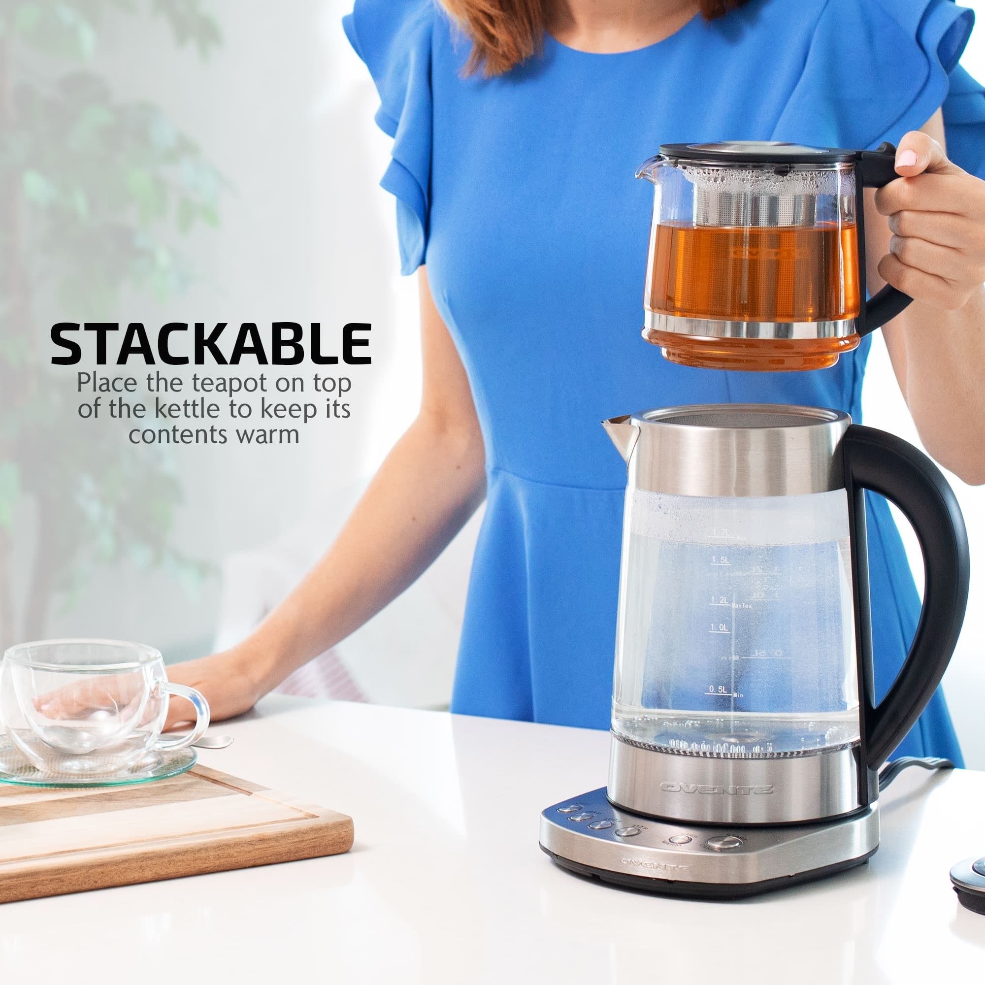 Ovente 1.7 Liter Electric Glass Hot Water Kettle with ProntoFill Tech and Stainless Steel Teapot Infuser KG733S & FGK27B