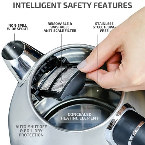 Ovente Electric Kettle, 1.7L, Matte Stainless Steel & BPA-Free, Removable Anti-Scale Filter