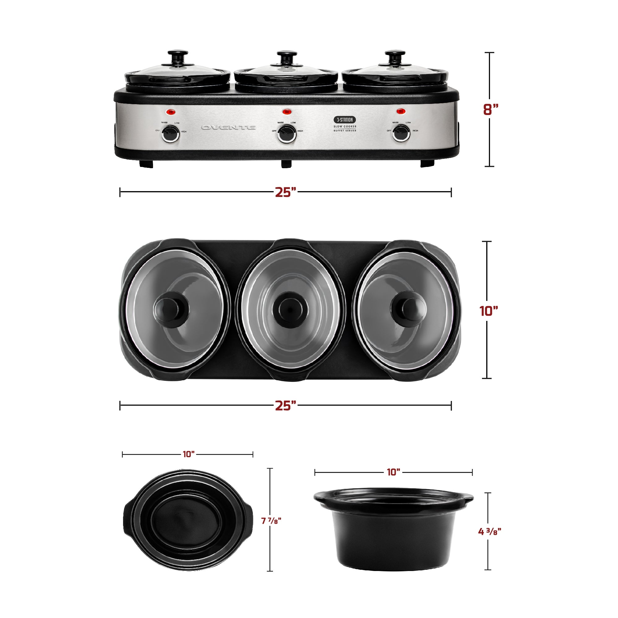 Ovente 3-Station Buffet Server with Slow Cooker Function SLO315CBR