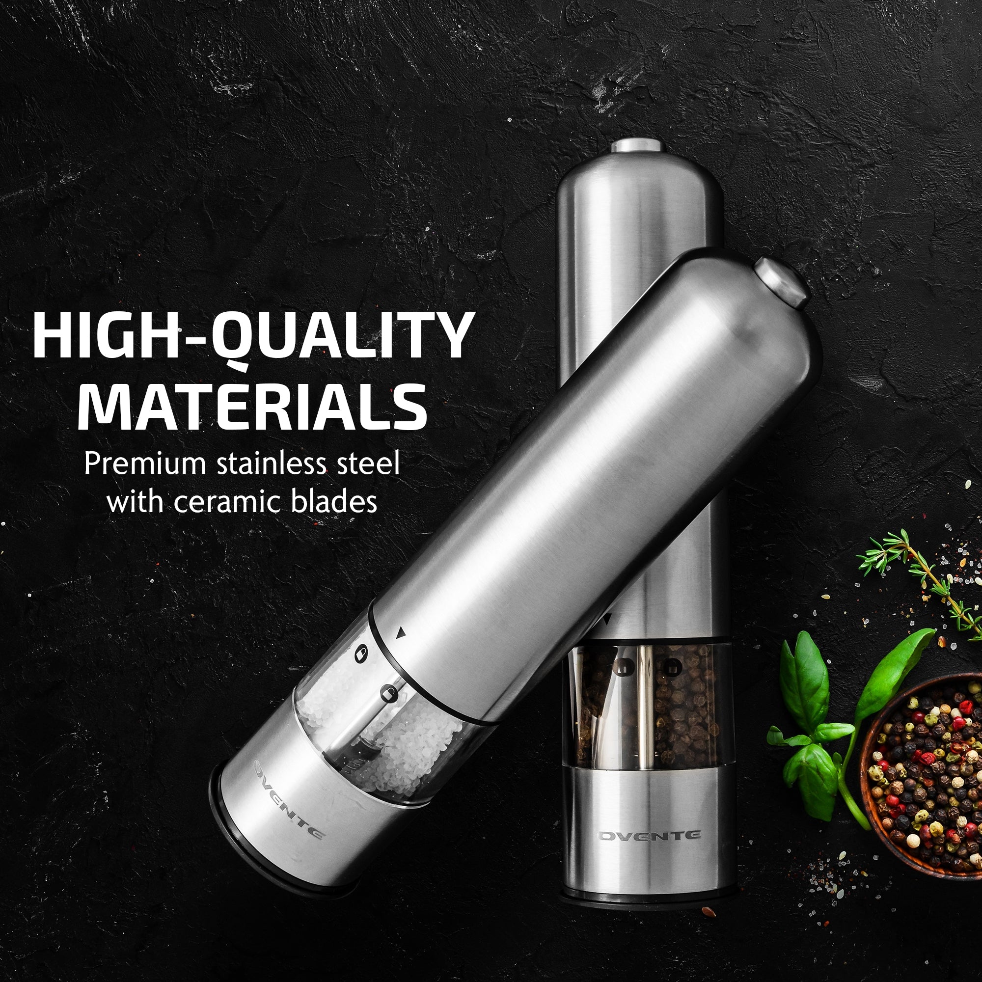 Ovente Electric Stainless Steel Salt and Pepper Grinder Set with Ceramic Blades SPD112S