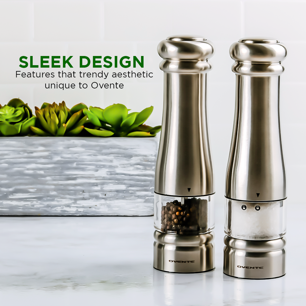 Ovente Electric Stainless Steel Salt and Pepper Grinder Set with Ceramic Blades SPD132S