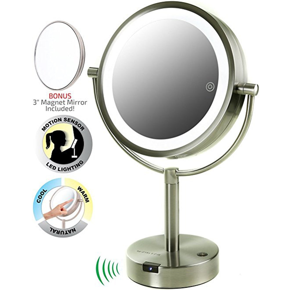 Ovente 8.5” Double Sided Tabletop Vanity Mirror with 3-Tone LED Light and Motion Sensor MPTS8385BR