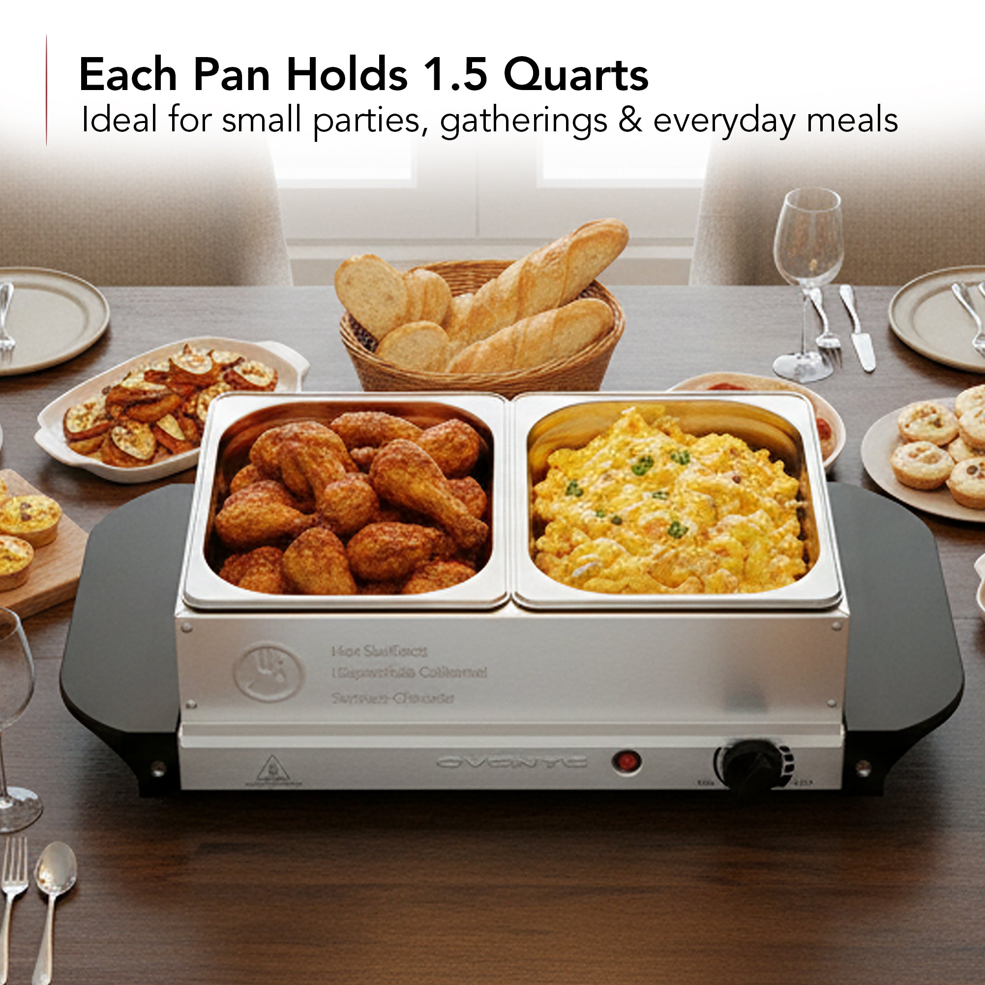 Ovente Electric Buffet Server Tray with Dual Stainless Steel Pans FW152S