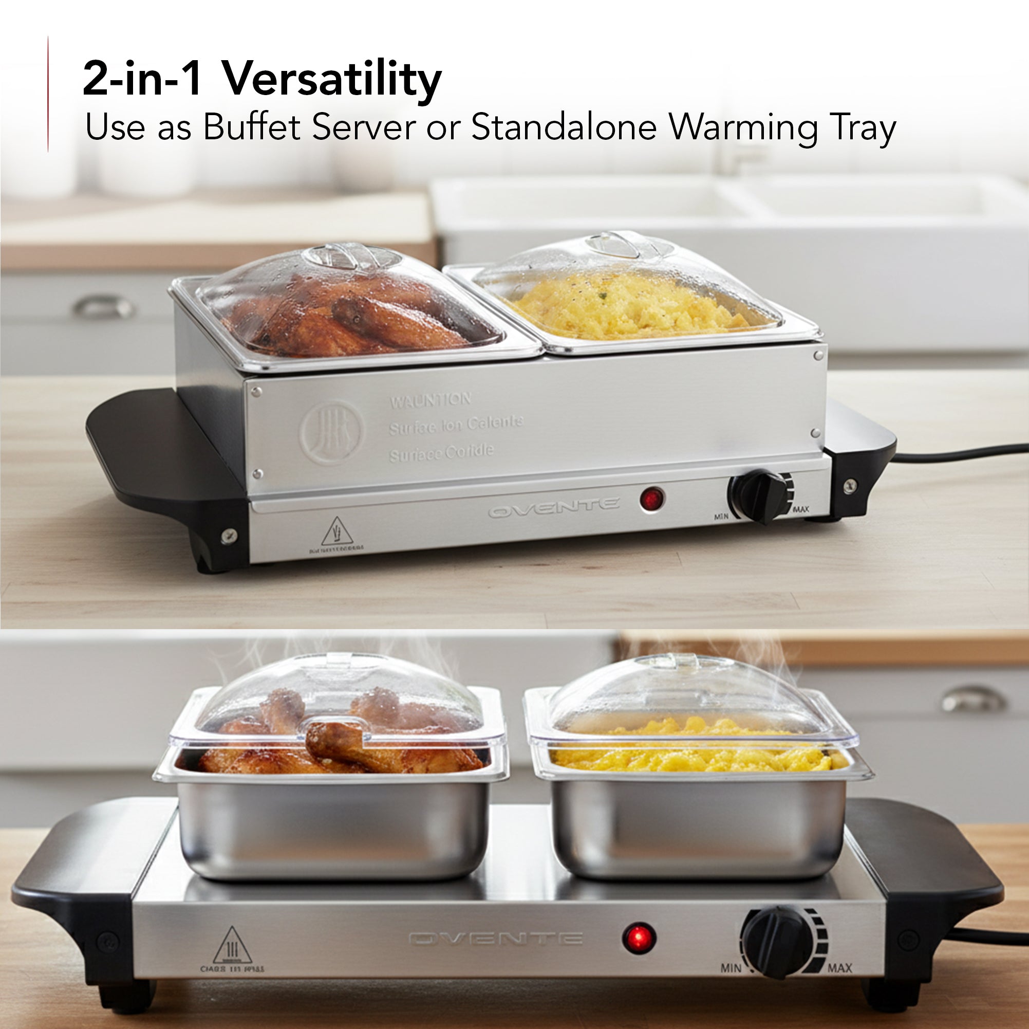 Ovente Electric Buffet Server Tray with Dual Stainless Steel Pans FW152S