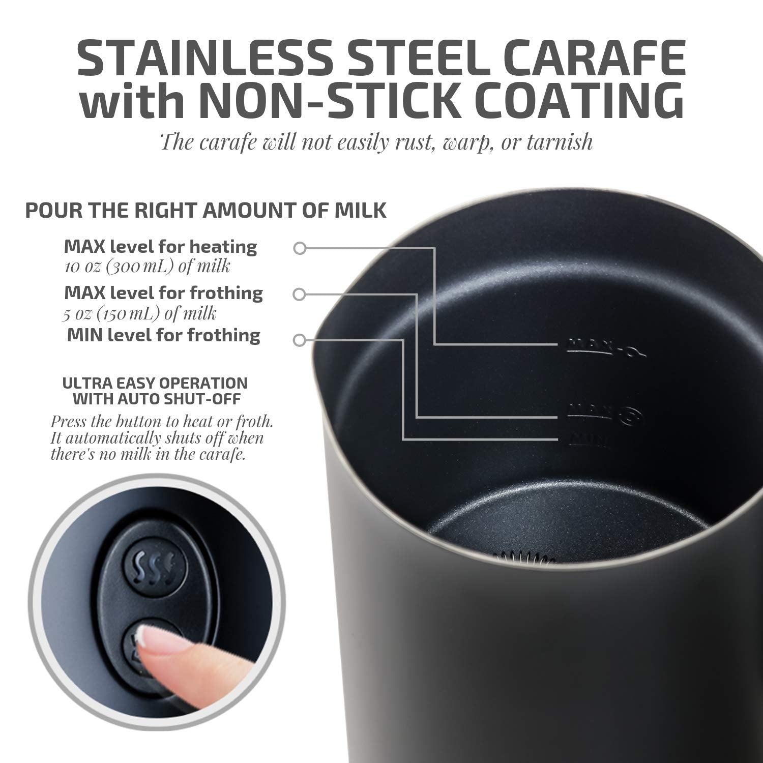 Ovente Electric Frother, Milk Steamer, Foam Maker for Coffee, Double-Wall Insulated, Frothing & Heating Whisks, Auto Shut-Off, Black (FR4810B)