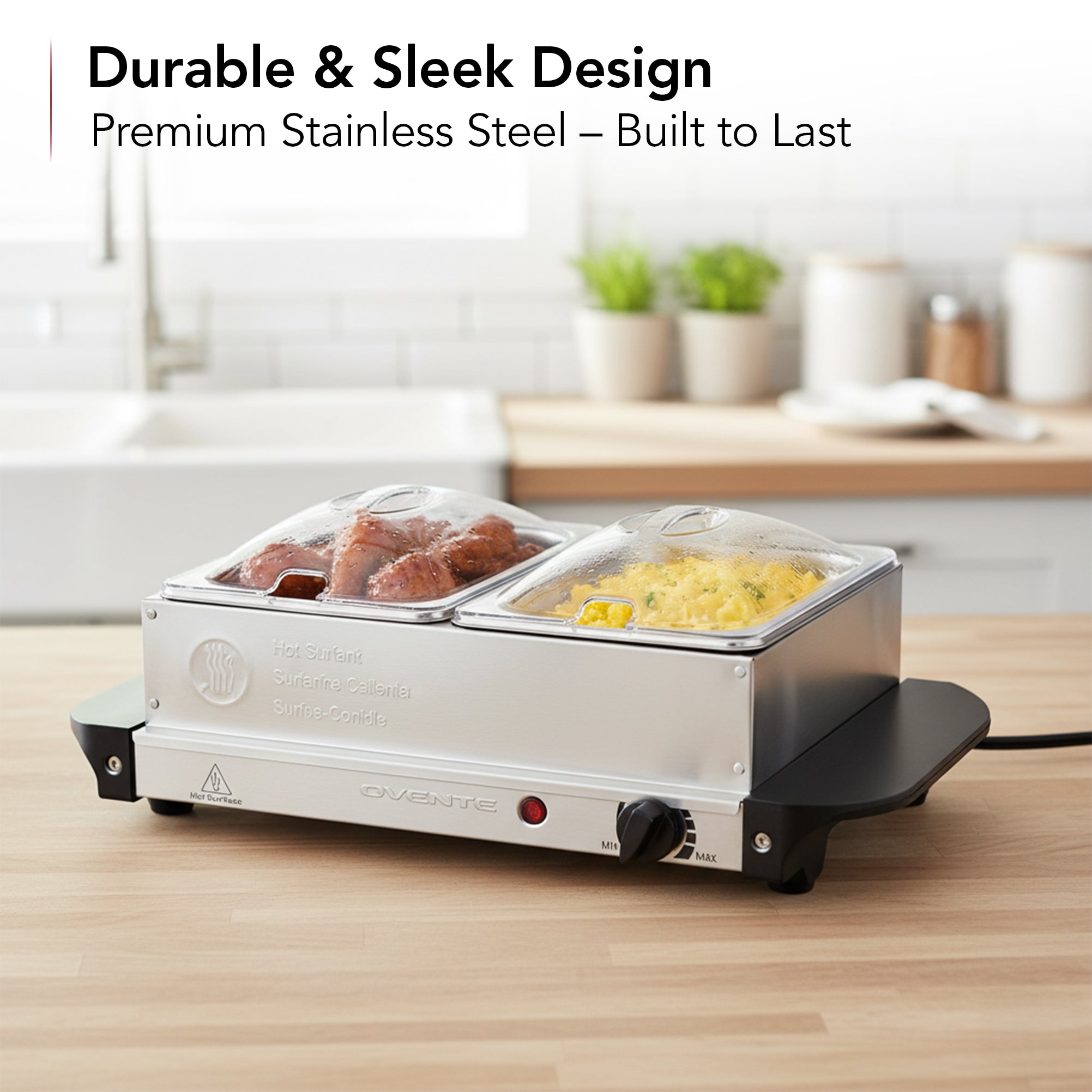 Ovente Electric Buffet Server Tray with Dual Stainless Steel Pans FW152S