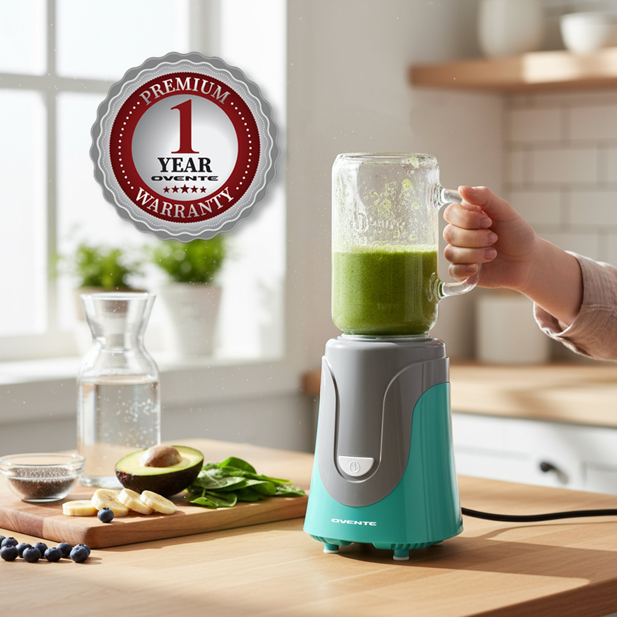 Ovente Personal Portable Electric Blender with 18oz Glass Mug BLH1002T