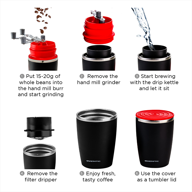 Ovente 2-in-1 Manual Coffee Grinder with 10.8oz Insulated Cup CMB281R
