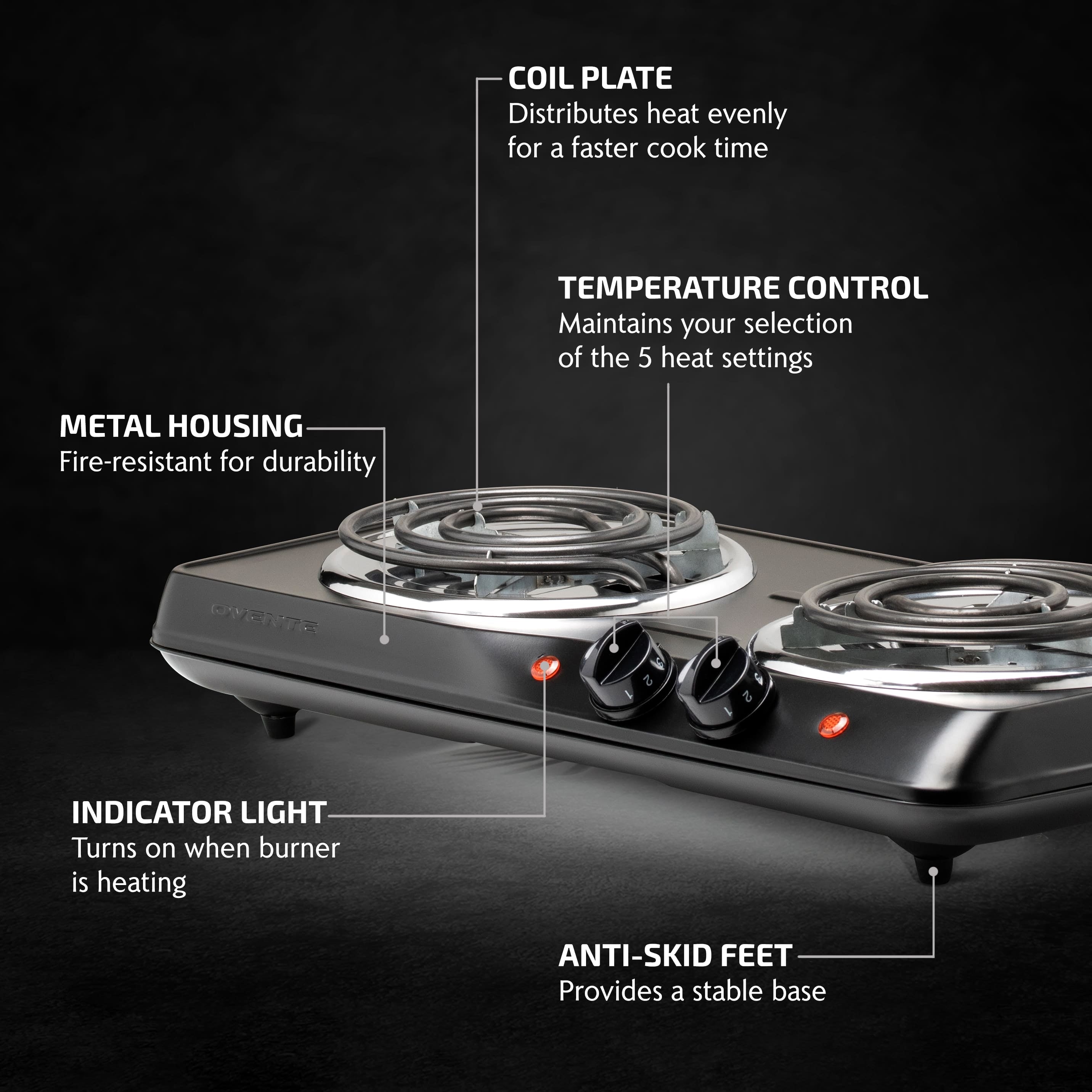 Ovente Electric Double Coil Burner Cooktop BGC102B