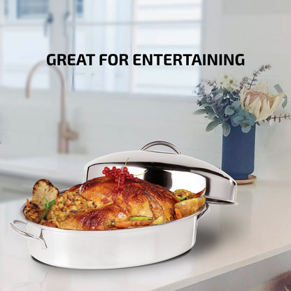Ovente 16” Oval Stainless Steel Roasting Pan with Lid and Rack CWR32161S