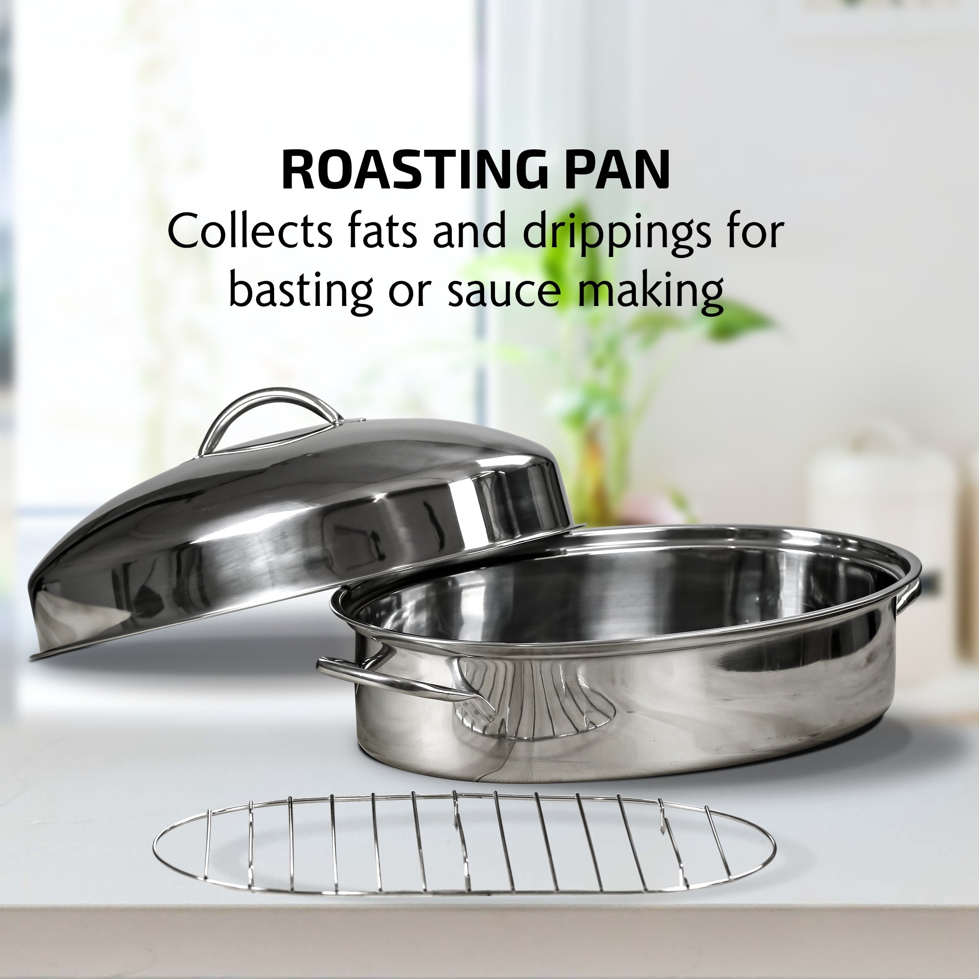 Ovente 16” Oval Stainless Steel Roasting Pan with Lid and Rack CWR32161S