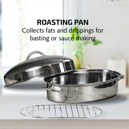 Ovente 16” Oval Stainless Steel Roasting Pan with Lid and Rack CWR32161S