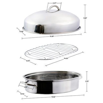 Ovente 16” Oval Stainless Steel Roasting Pan with Lid and Rack CWR32161S
