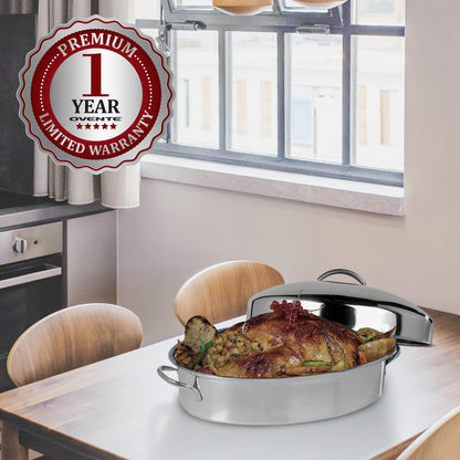 Ovente 16” Oval Stainless Steel Roasting Pan with Lid and Rack CWR32161S
