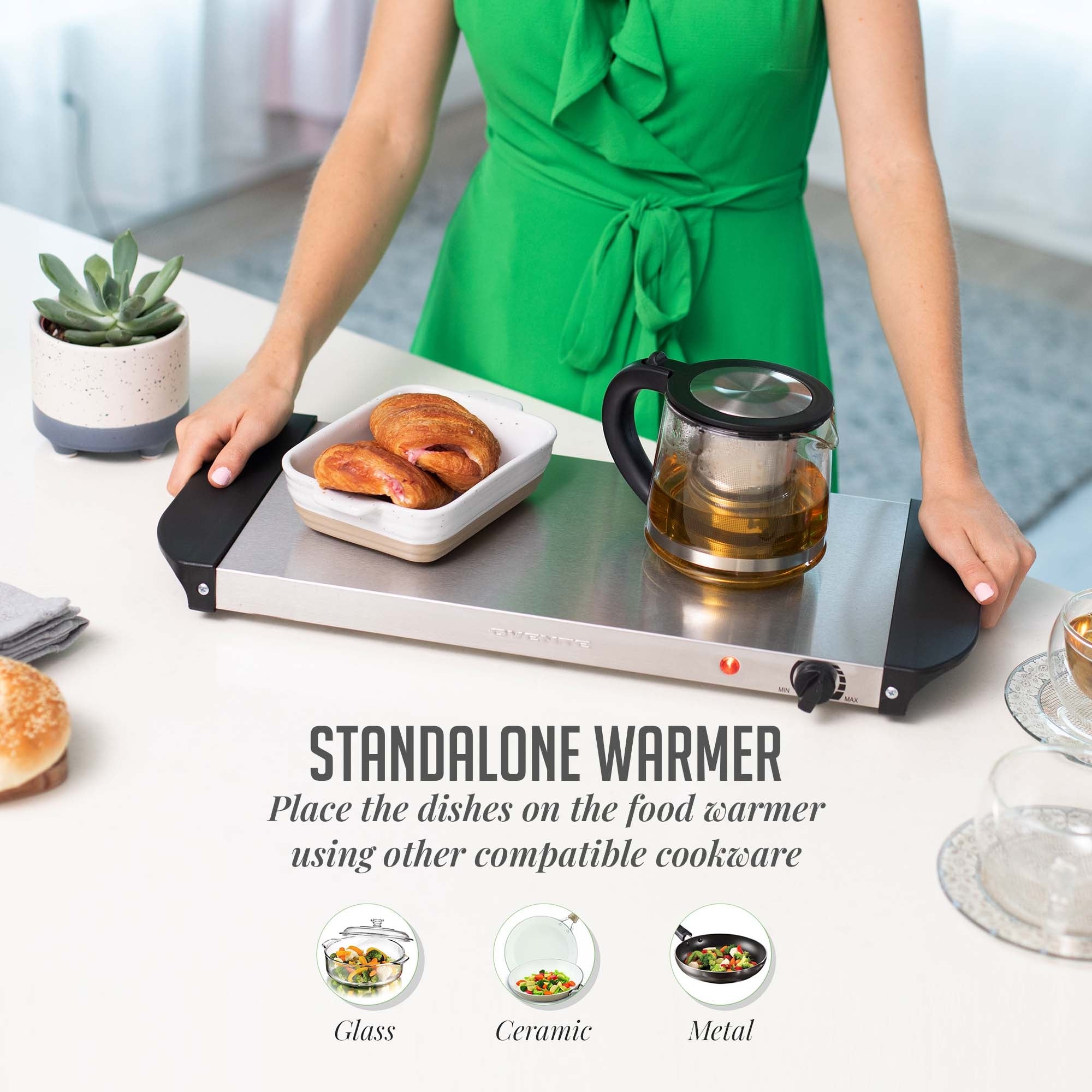 Ovente Electric Buffet Server Tray with Three 1.5QT Stainless Steel Pans FW173S