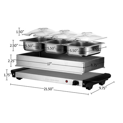 Ovente Electric Buffet Server Tray with Three 1.5QT Stainless Steel Pans FW173S