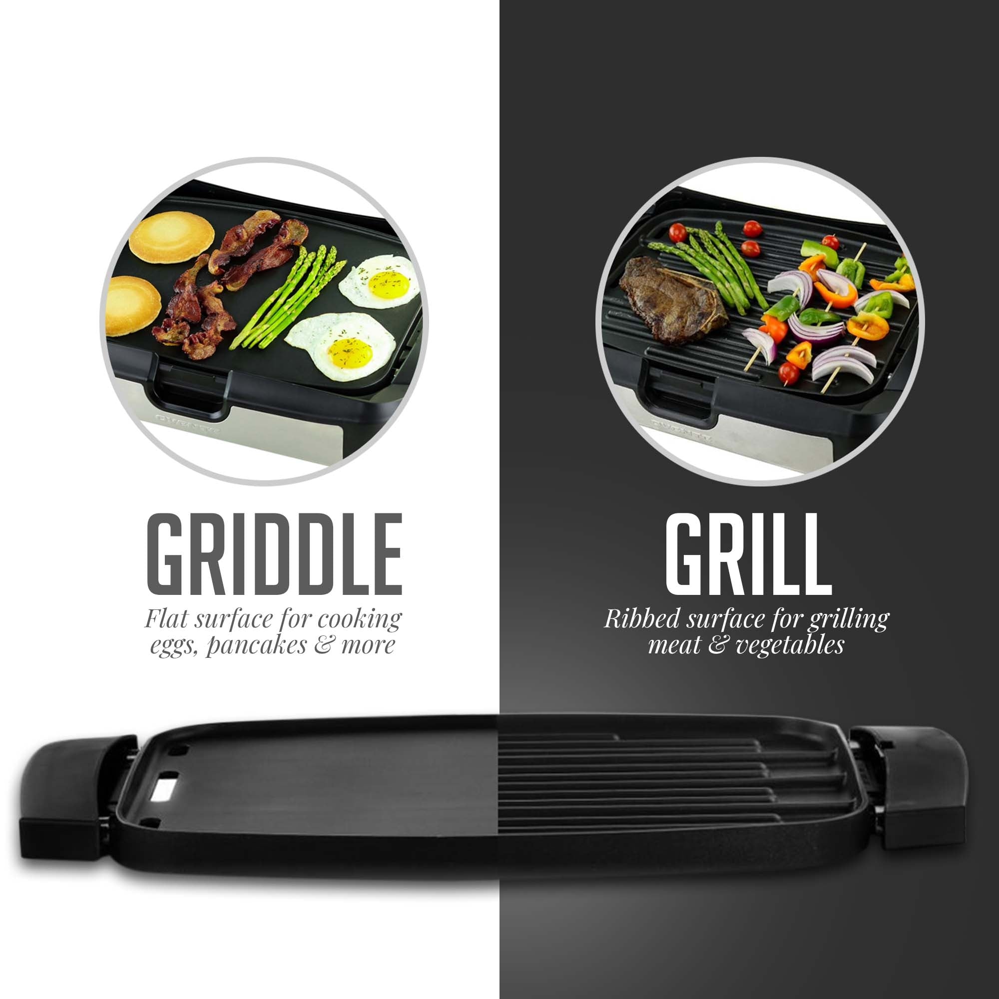 Ovente Reversible Electric Grill and Griddle with Heat-Tempered Glass Lid GR2001B
