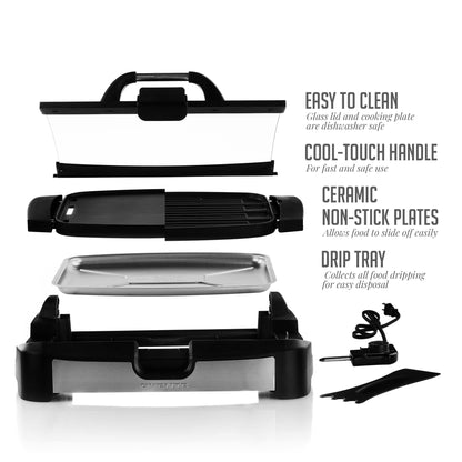 Ovente Reversible Electric Grill and Griddle with Heat-Tempered Glass Lid GR2001B