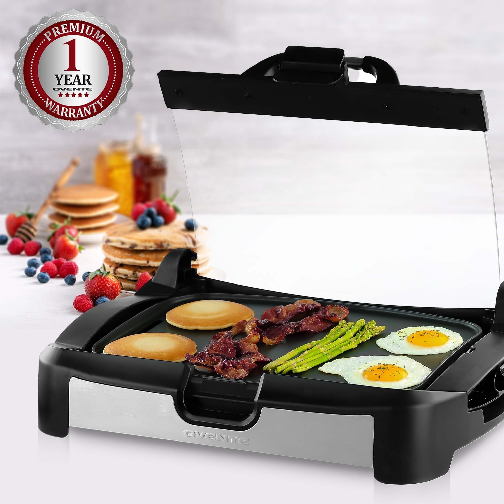 Ovente Reversible Electric Grill and Griddle with Heat-Tempered Glass Lid GR2001B