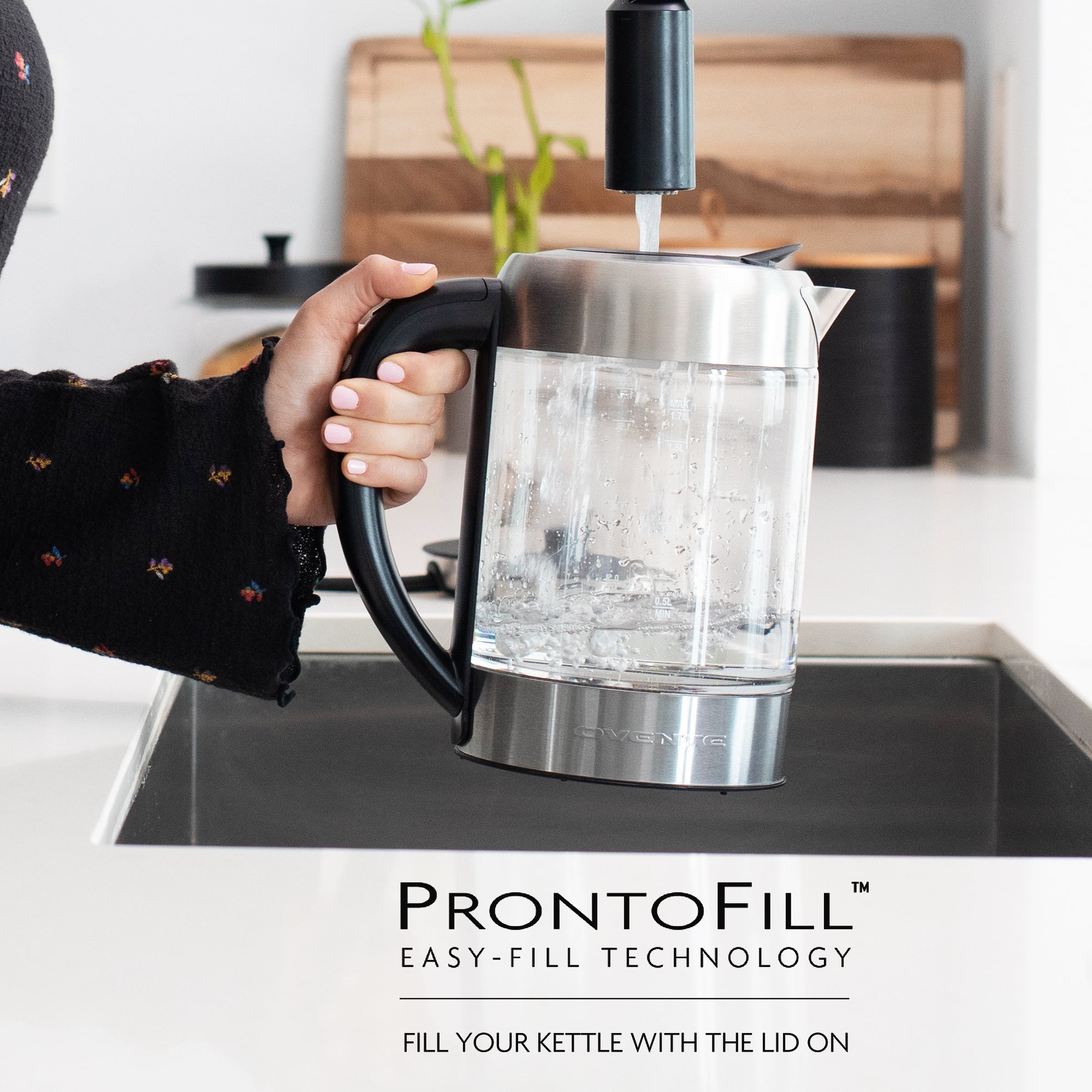 Ovente 1.7 Liter Electric Glass Hot Water Kettle with ProntoFill Tech and Teapot Infuser KG612S & FGK27B