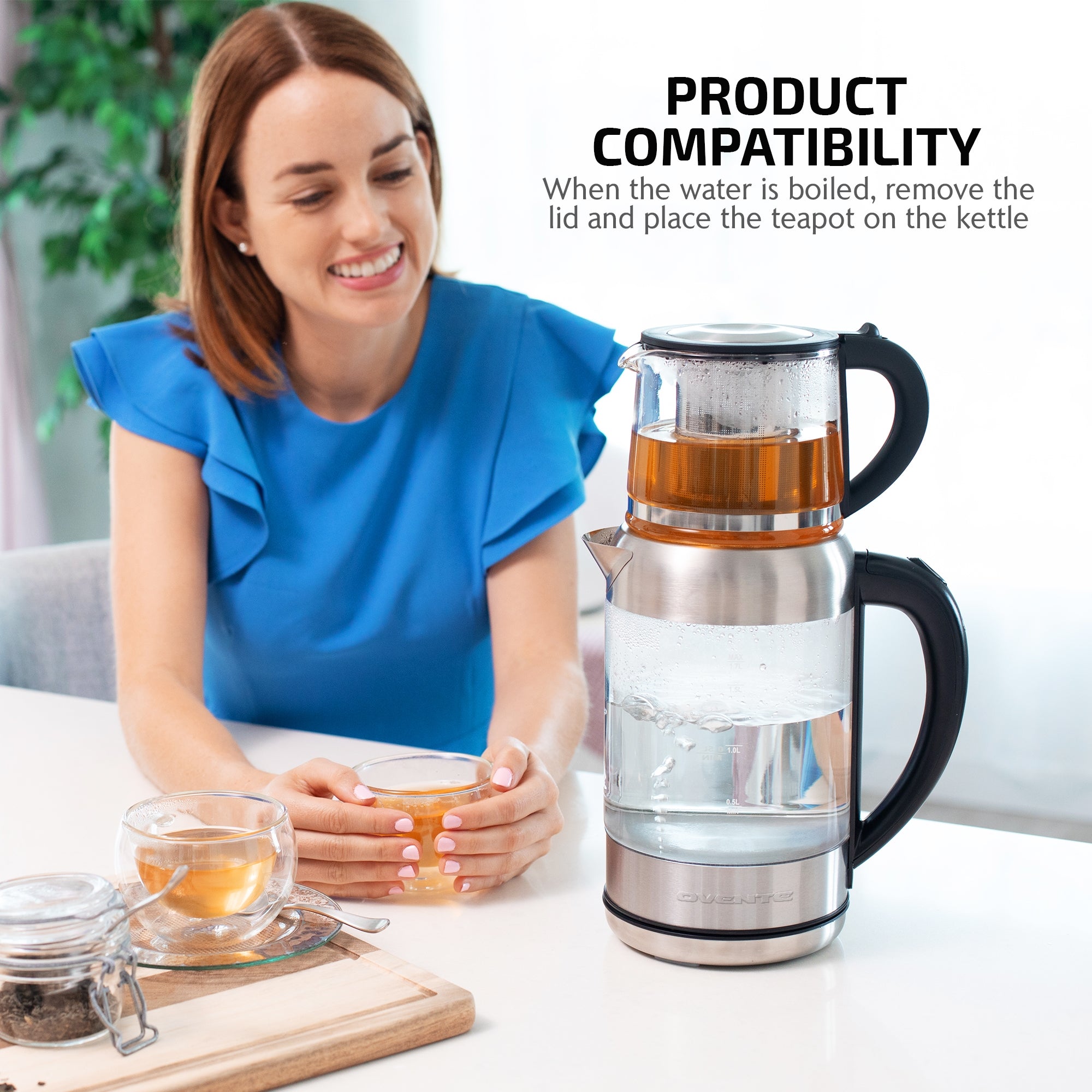 Ovente 1.7 Liter Electric Glass Hot Water Kettle with ProntoFill Tech and Teapot Infuser KG612S & FGK27B