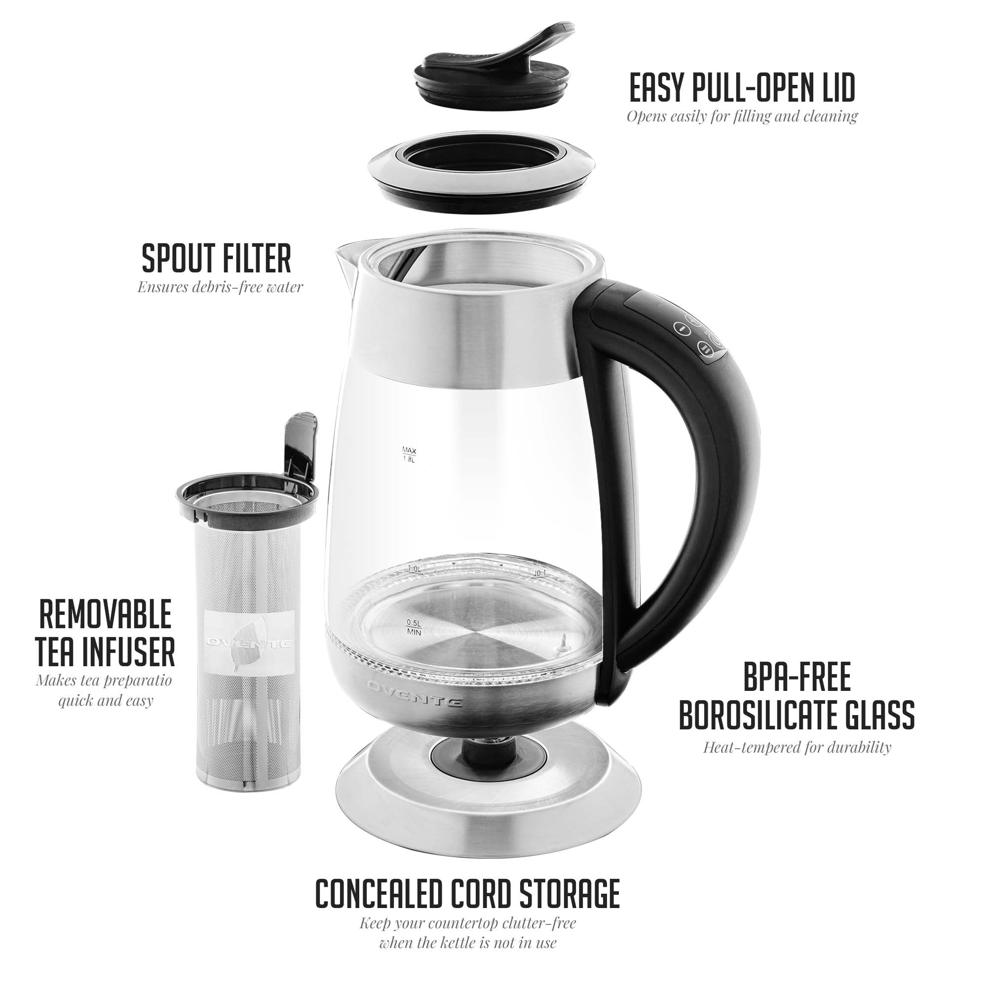 Ovente 1.8 Liter Electric Glass Hot Water Kettle with Stainless Steel Infuser KG661S