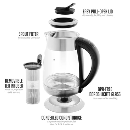 Ovente 1.8 Liter Electric Glass Hot Water Kettle with Stainless Steel Infuser KG661S