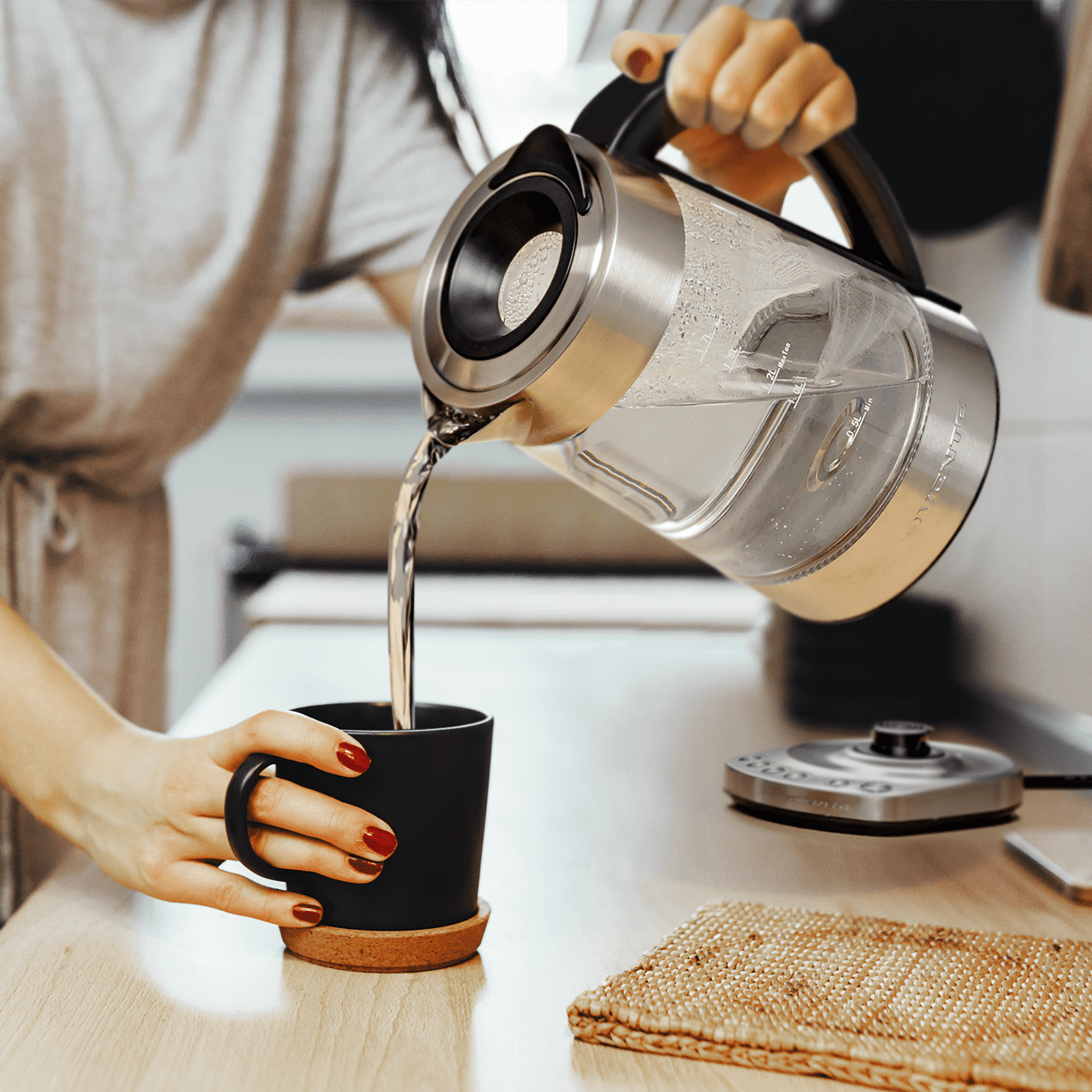 Ovente 1.7 Liter Electric Glass Hot Water Kettle with ProntoFill Tech and Stainless Steel Teapot Infuser KG733S & FGK27B