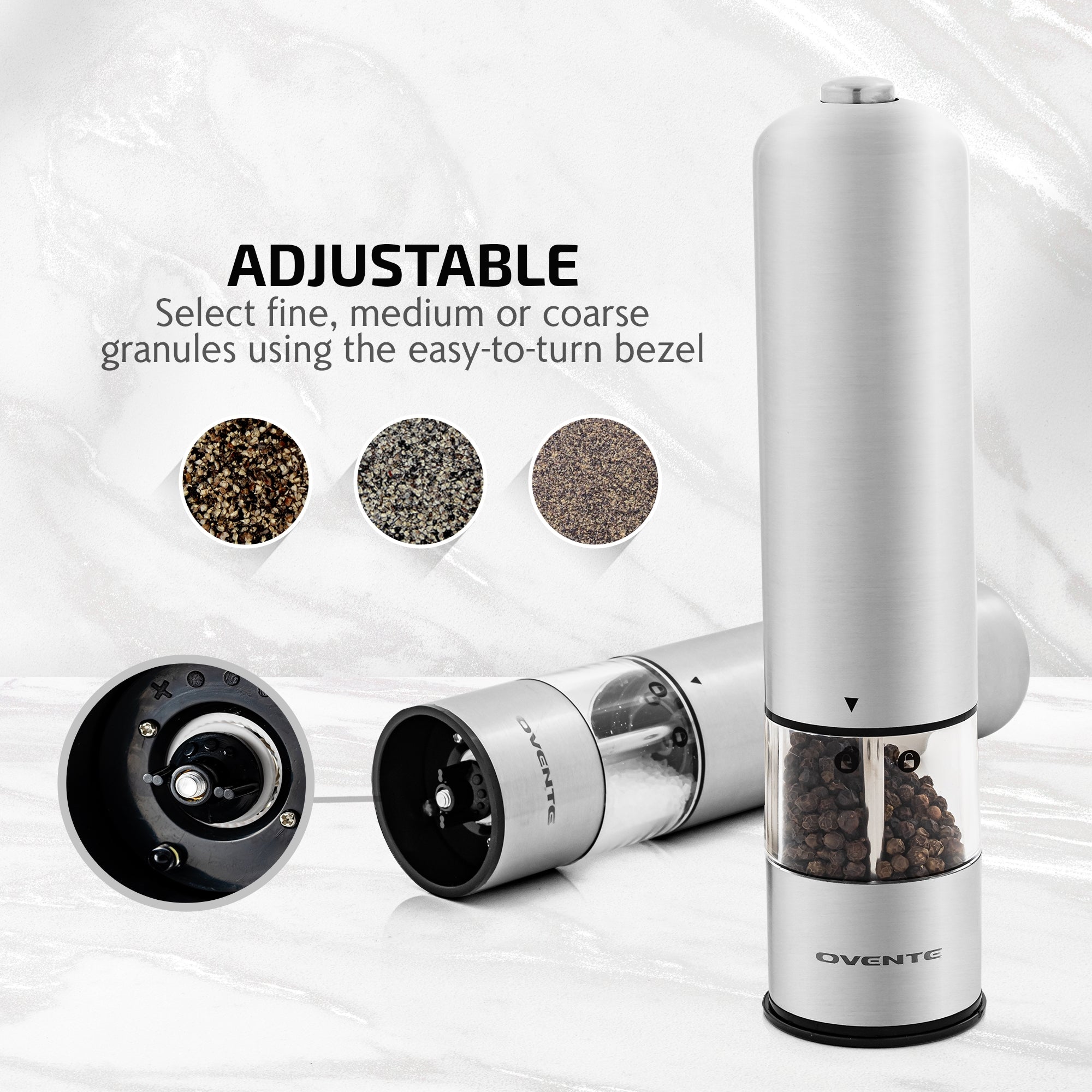 Ovente Electric Stainless Steel Salt and Pepper Grinder Set with Ceramic Blades SPD112S