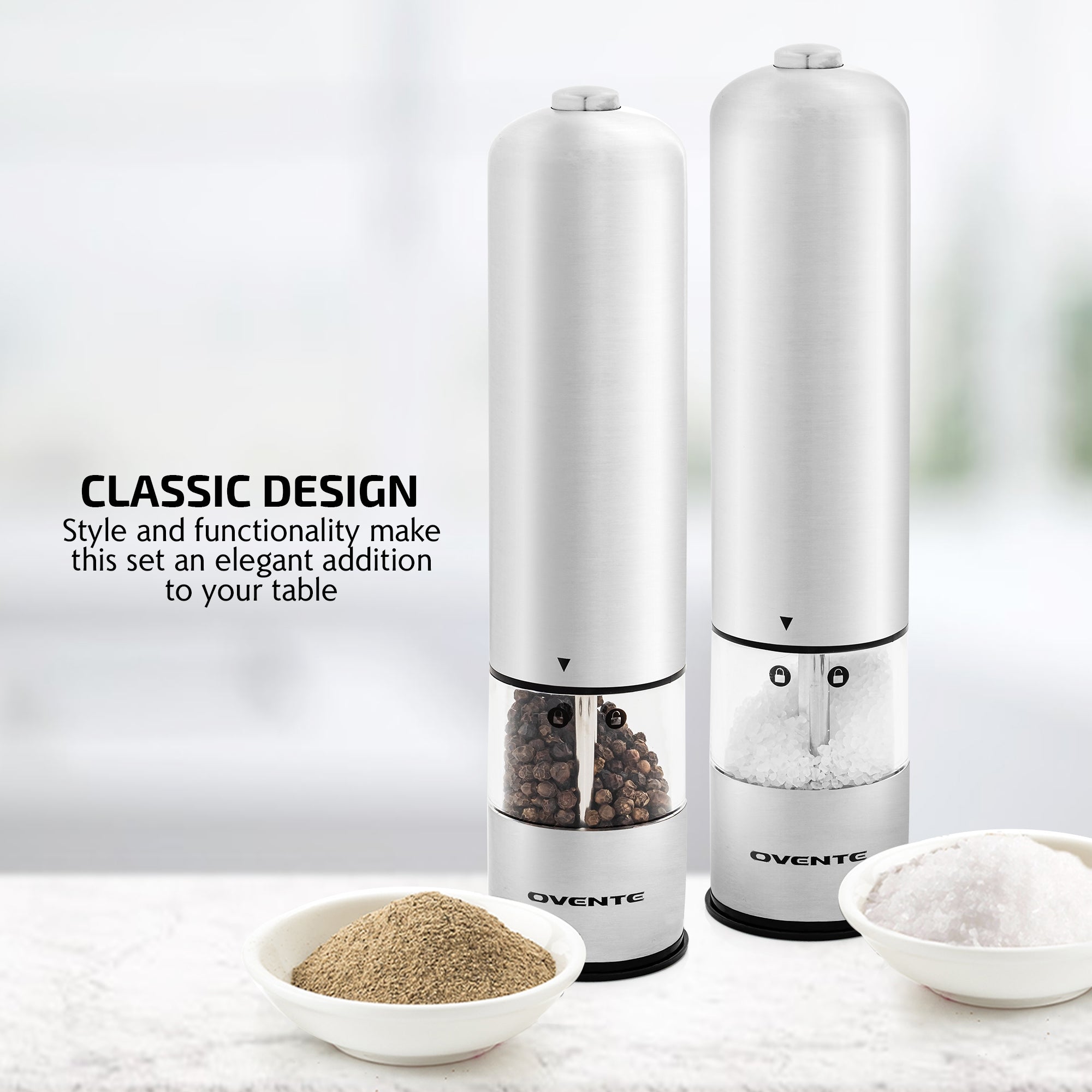 Ovente Electric Stainless Steel Salt and Pepper Grinder Set with Ceramic Blades SPD112S
