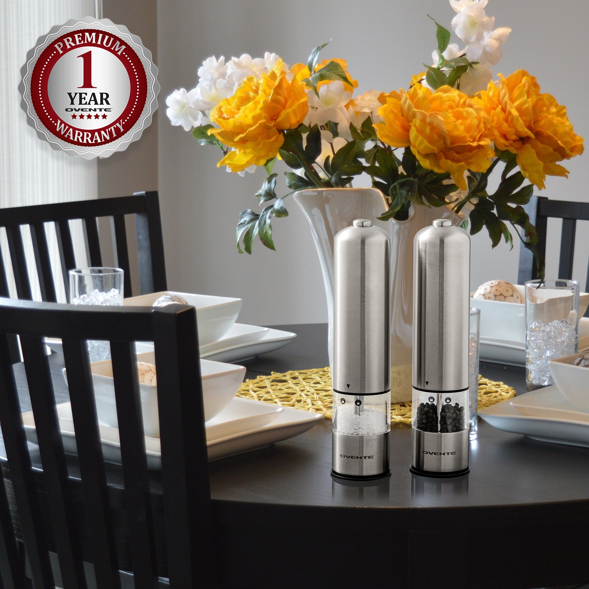 Ovente Electric Stainless Steel Salt and Pepper Grinder Set with Ceramic Blades SPD112S